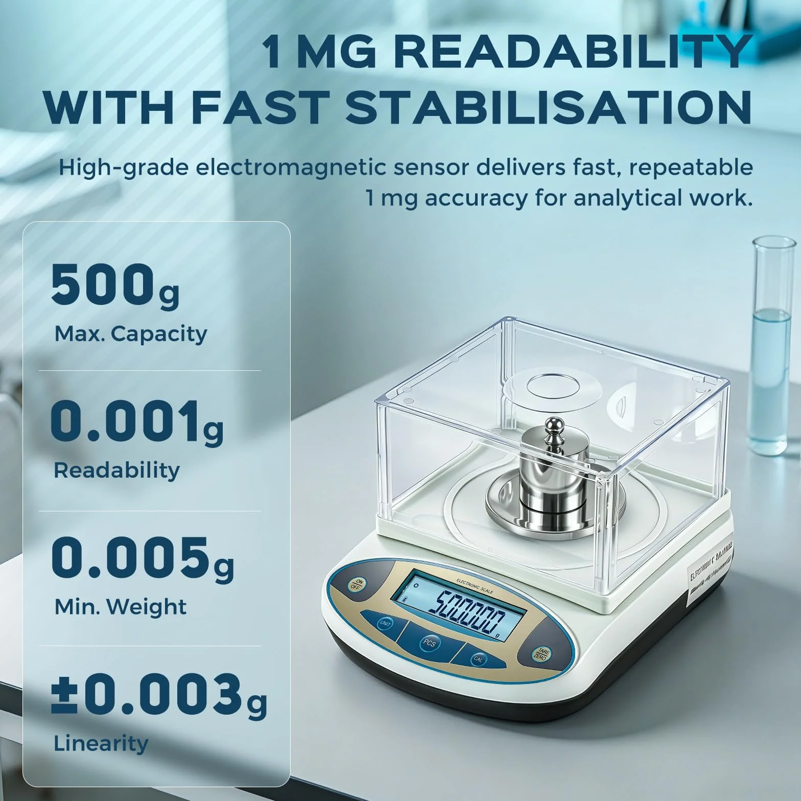 Bonvoisin Balanza Analítica 500g/0,001g, Báscula Laboratorio Alta Precisión con Cortavientos, Plato Inox, 13 Unidades, Funciones Tara y Conteo, Calibrada Fábrica para Lab, Joyería y Oro
