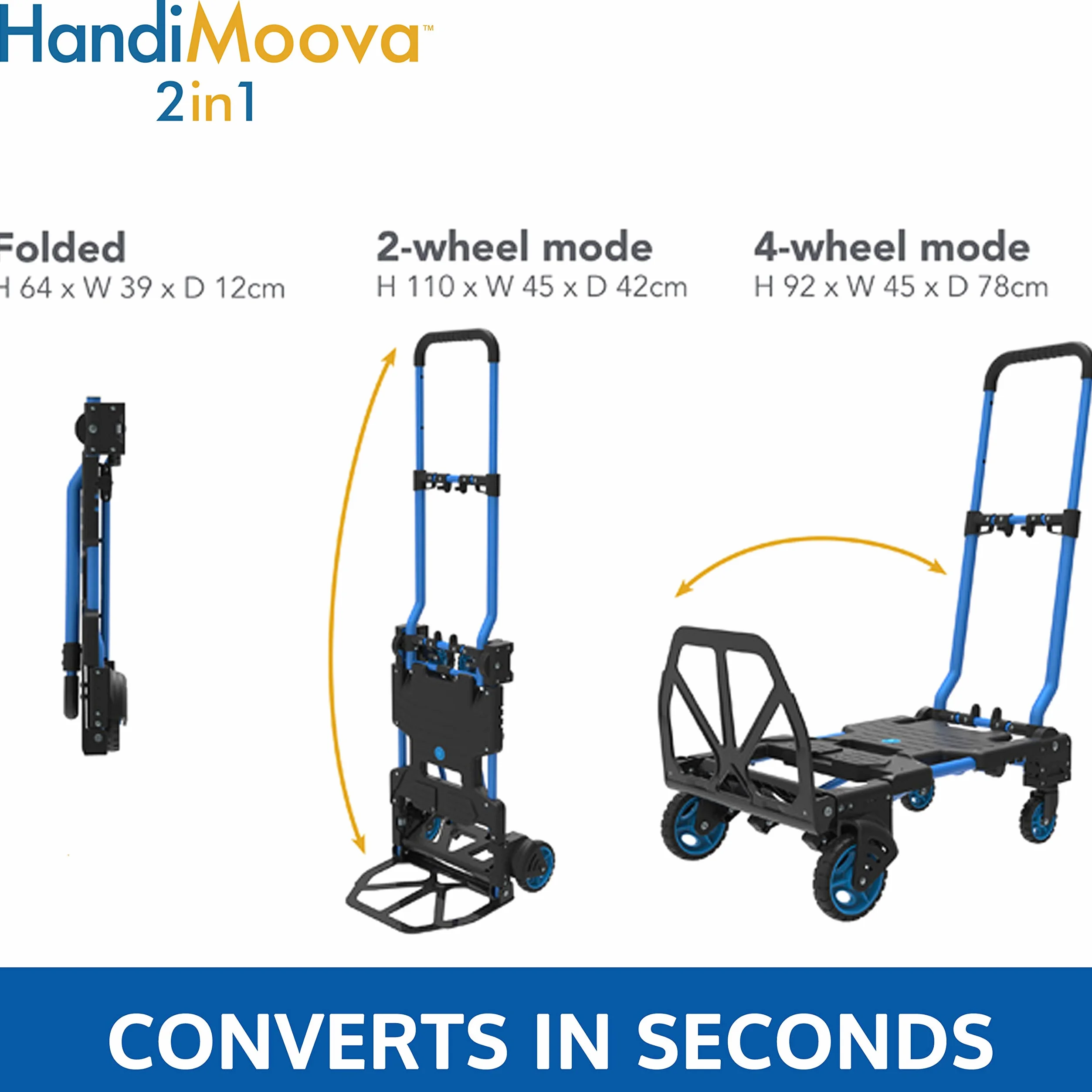 HandiMoova - Carro para Carga de 135 kg y Diablo 2 en 1 para Carga de 70 kg con Plataforma Plegable, transformable en cuestión de Segundos