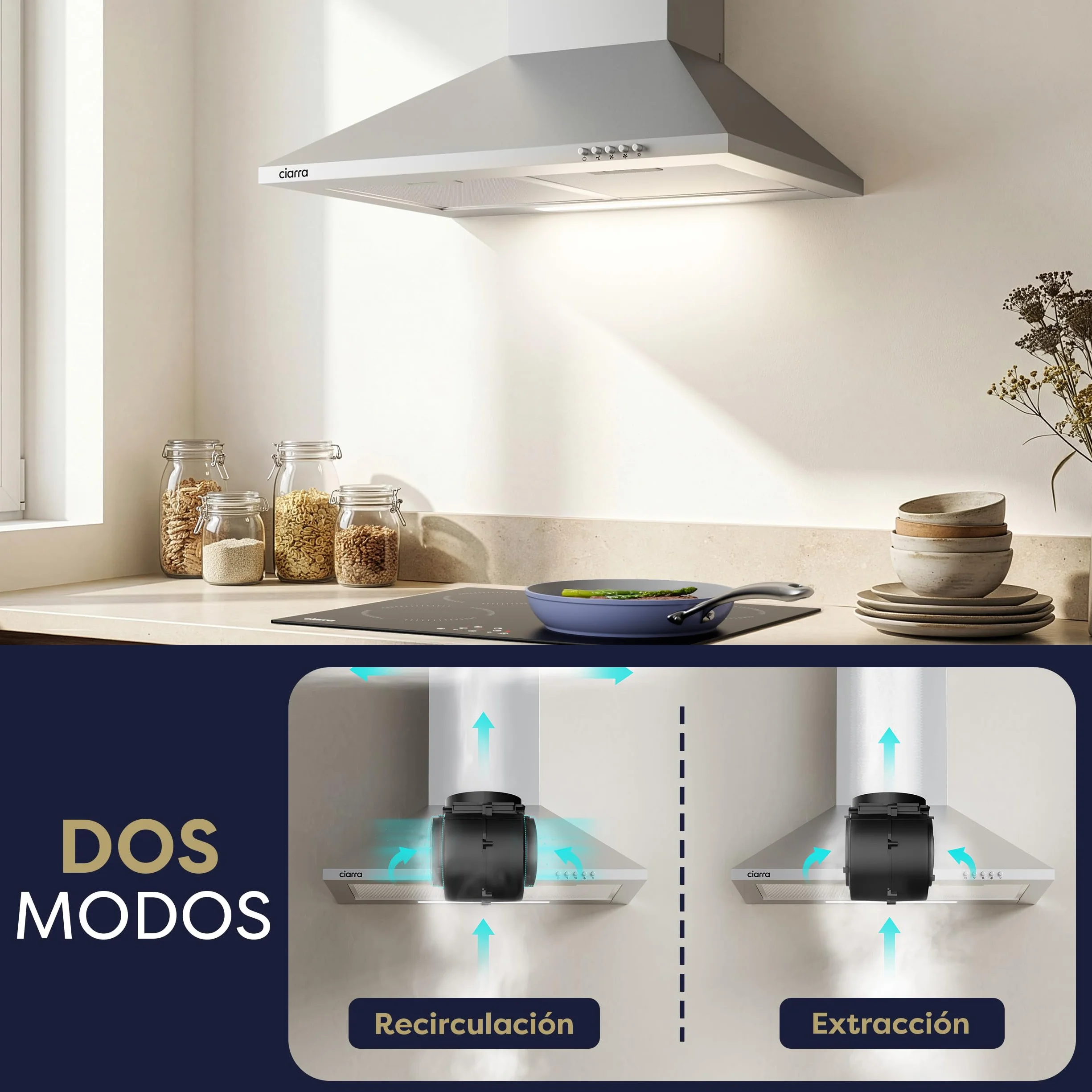 CIARRA CBCS6201 Campana Extractora 60cm 370m³/h 40W Clase A++ Acero Inoxidable