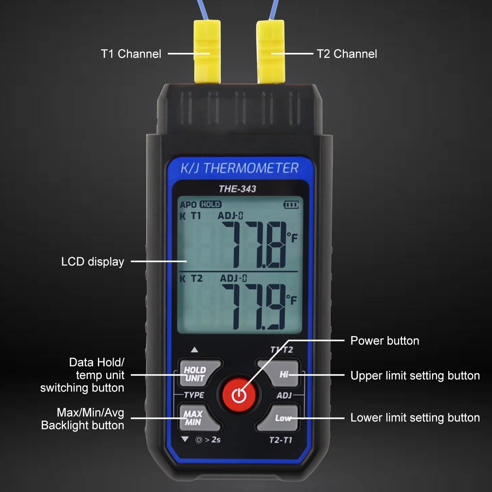 Termómetro Digital con Termopar, Medidor de Temperatura HVAC con 2 Pinzas de Temperatura y 2 Sondas de Termopar con Cable, Doble Canal con Alarma y Compensación ADJ (-328~2500 ℉)