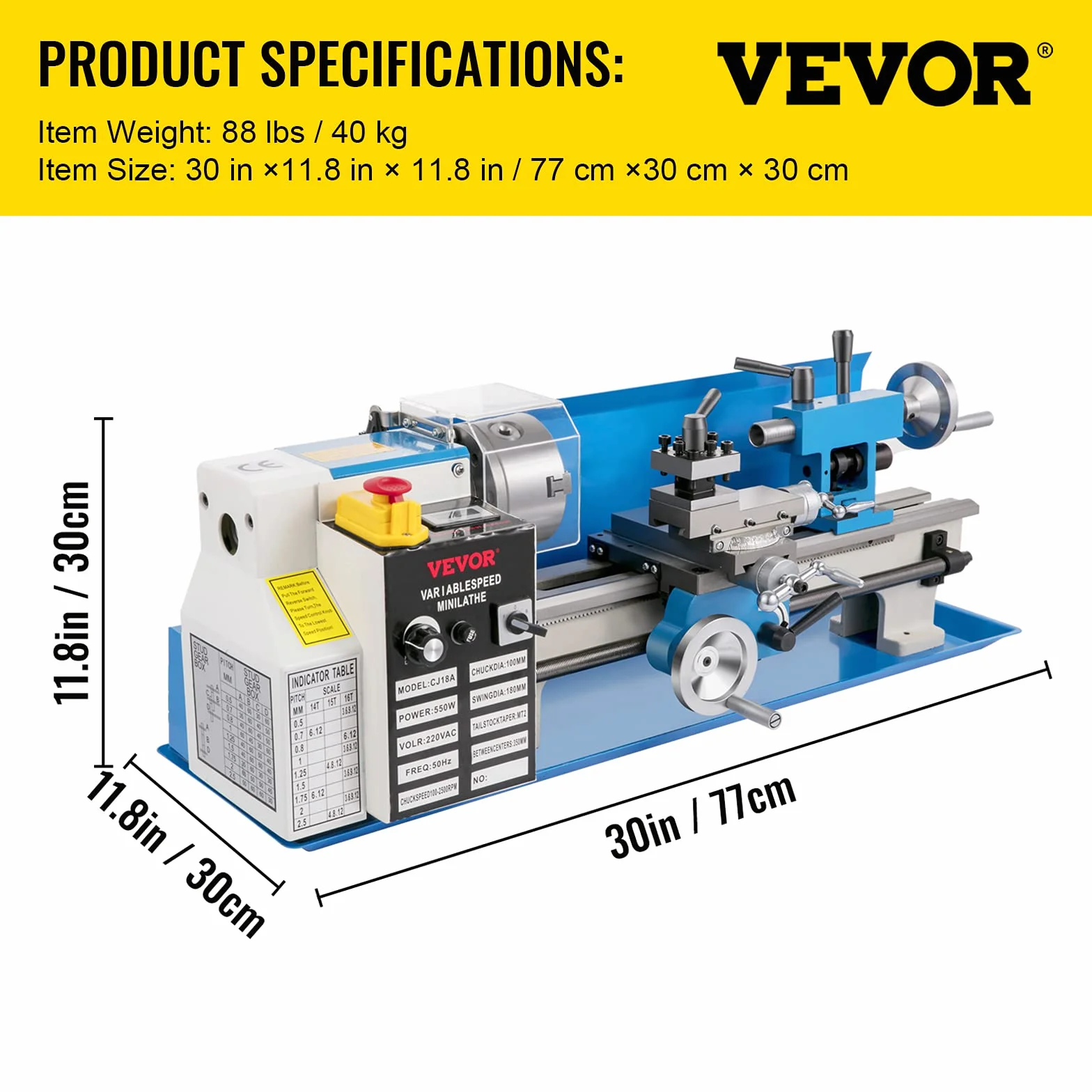 VEVOR Mini Torno de Metal 550W 7"x14" 0-2500 RPM Fresadora Con Hilo en Pulgadas 12-52 TPI y Rosca Métrica 0,5-2,5 mm Para Metales Blandos, Aluminio, Cobre, Vidrio