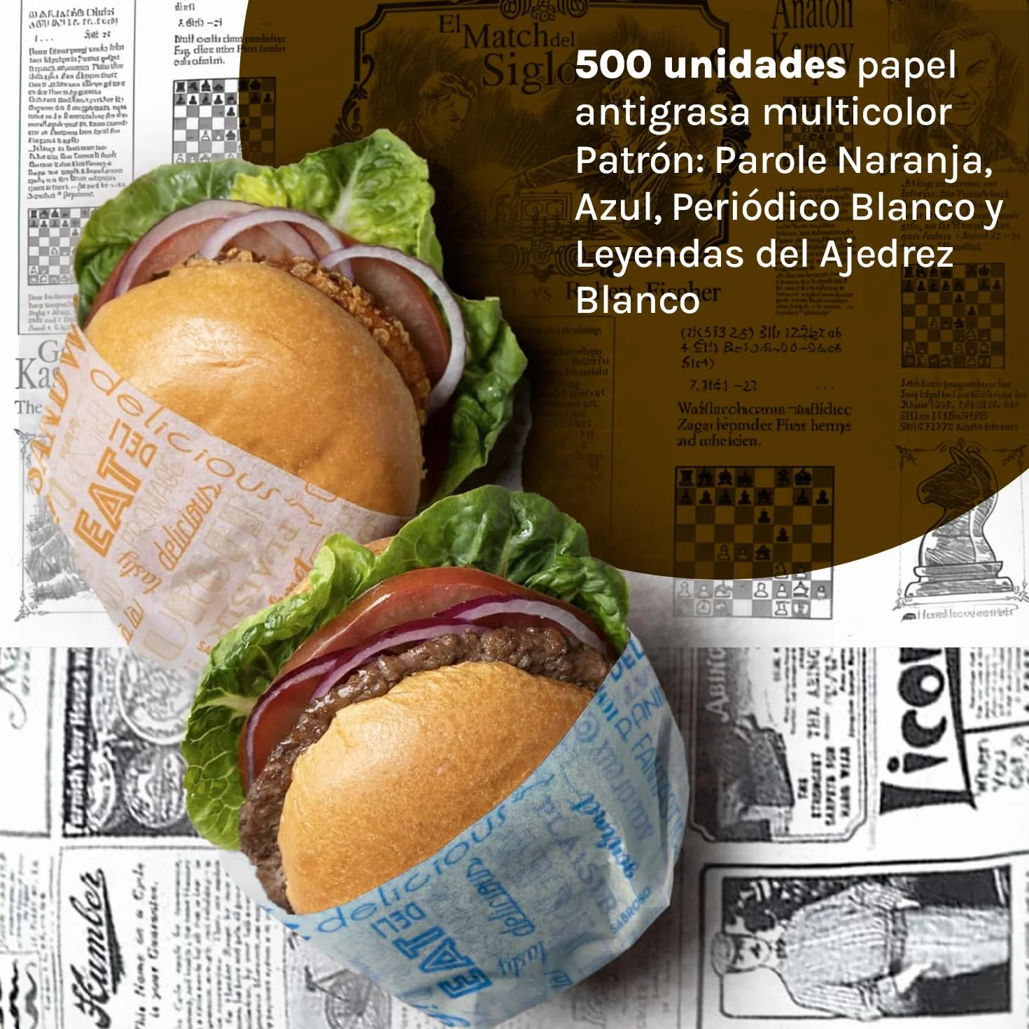 500 Piezas Papel Antigrasa Multicolor 30x20 cm - Hamburguesas, Kebab, Patrón Parole Naranja y Ajedrez