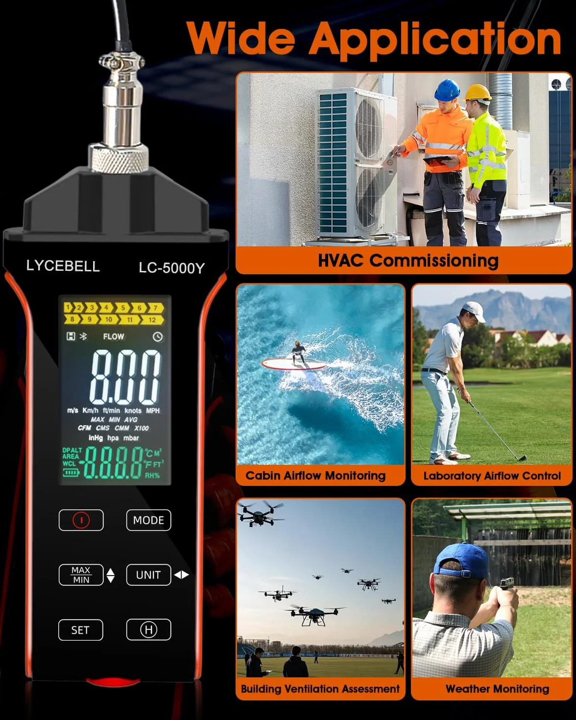 Anemómetro de Hilo Caliente LYCEBELL 5000Y 0.1-30 m/s IP54 Medidor Velocidad Aire Caudal CFM/CMM Sonda Extensible Batería USB-C