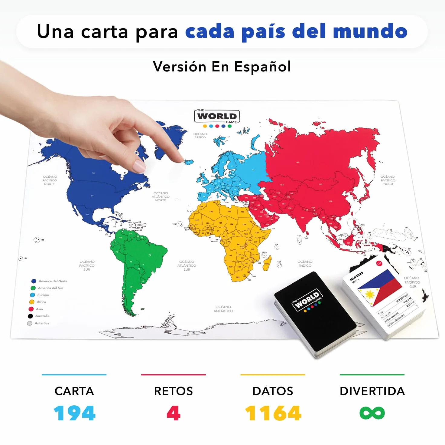 The World Game Juego de Mesa Geografía Educativo 194 Cartas Países Capitales Banderas Mapa Mundi Incluido Español