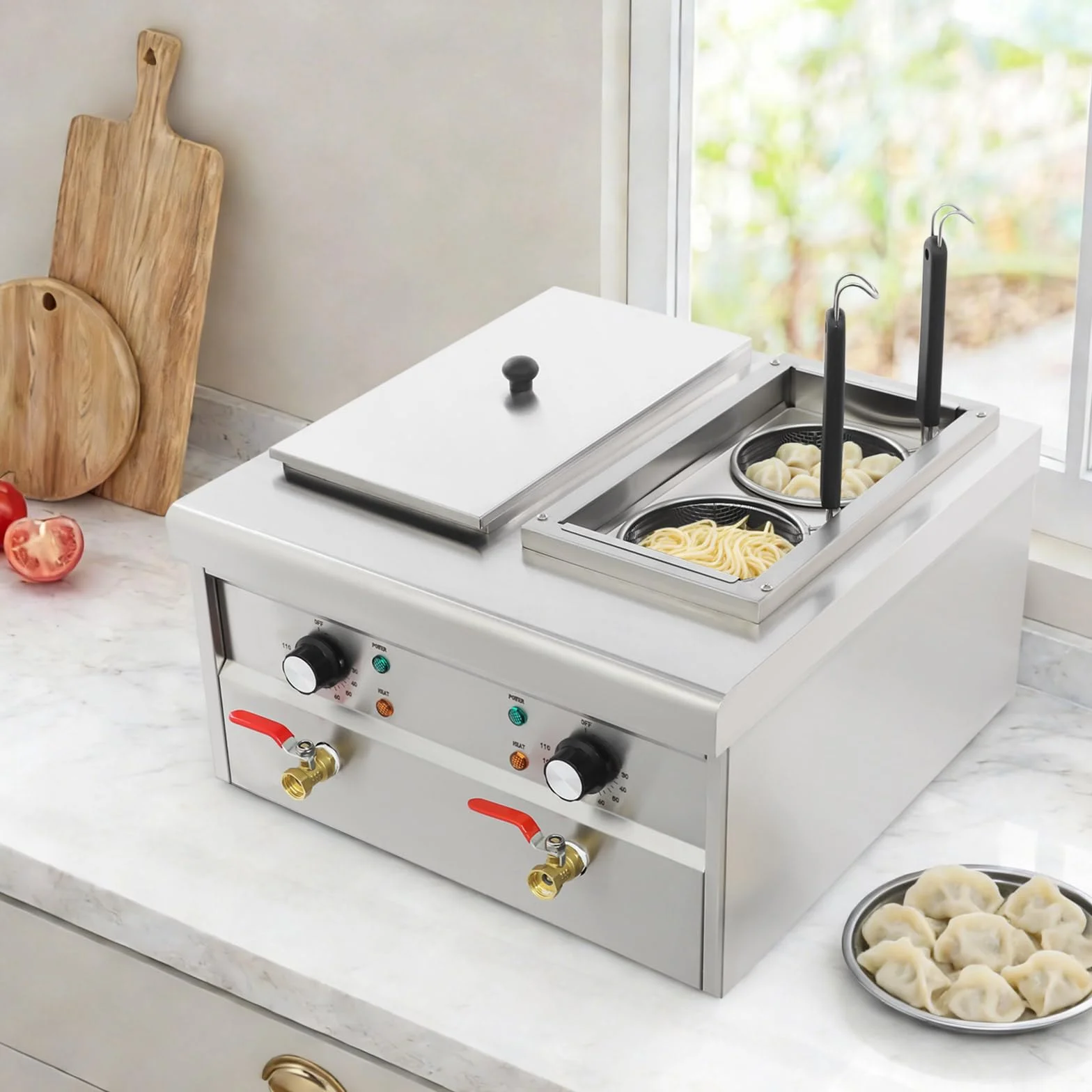 Cocedor de pasta eléctrico de acero inoxidable, 30 – 110 °C, con 4 cestas de colador y 2 tapas, para cocinas, restaurantes y restaurantes de pasta, 2 × 2 kW (plata)