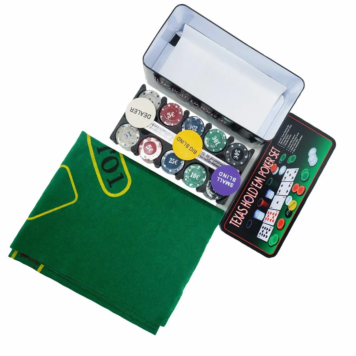 Set de Póker Profesional 200 Fichas, 2 Barajas, Botón Dealer, Tapete, Caja Metálica para Texas Holdem