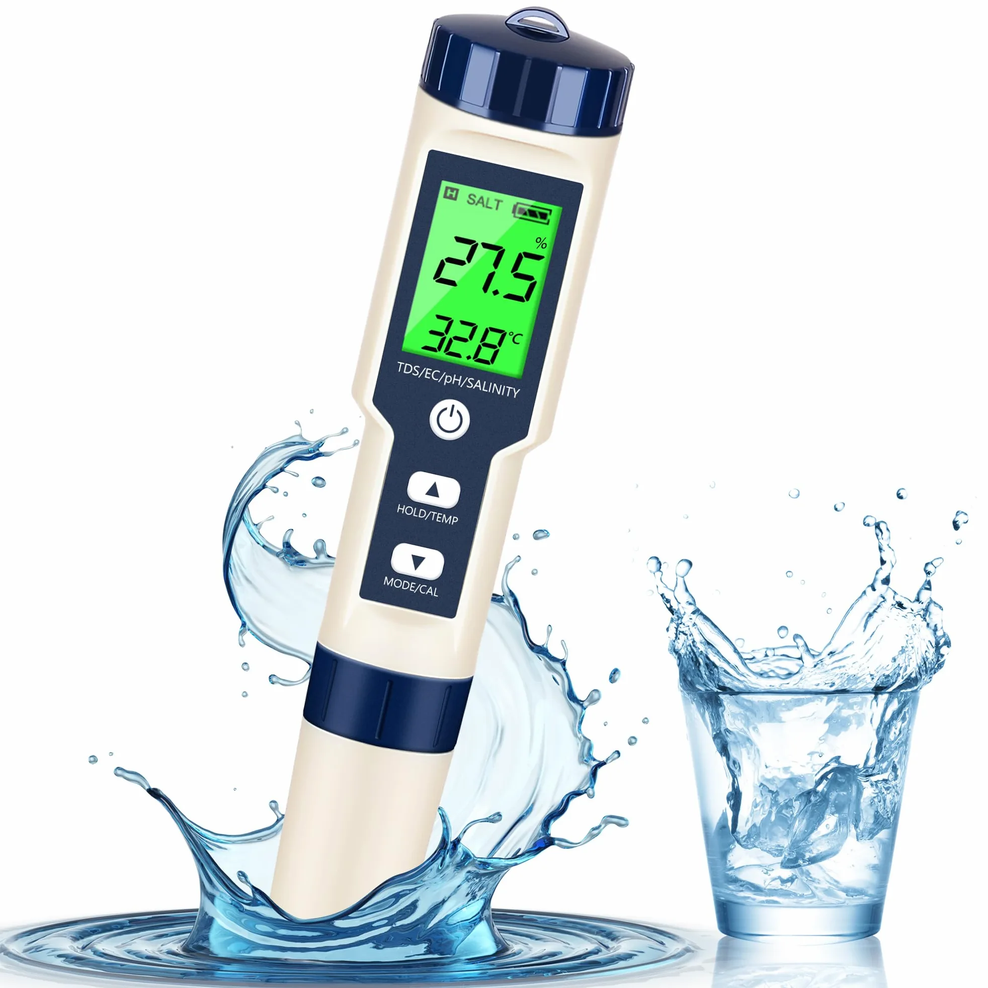 Medidor de pH y medidor de pH digital, probador de agua 5 en 1, probador de salinidad de pH de temperatura EC y TDS, medidor de pH para agua con retroiluminación LCD, kits de prueba de agua para agua