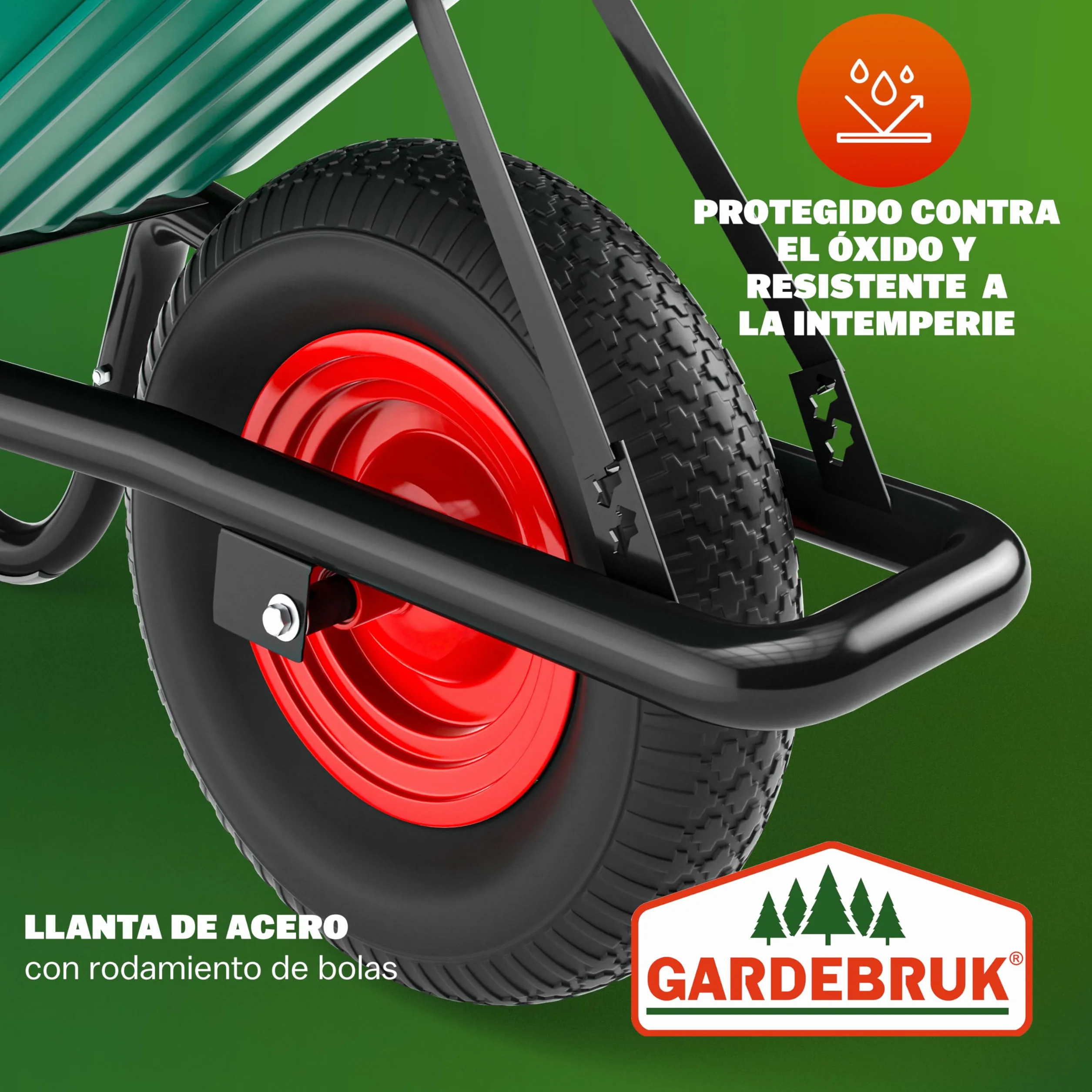 GARDEBRUK® Carretilla de Jardín 100L 250KG Llanta Acero Resistente Todoterreno