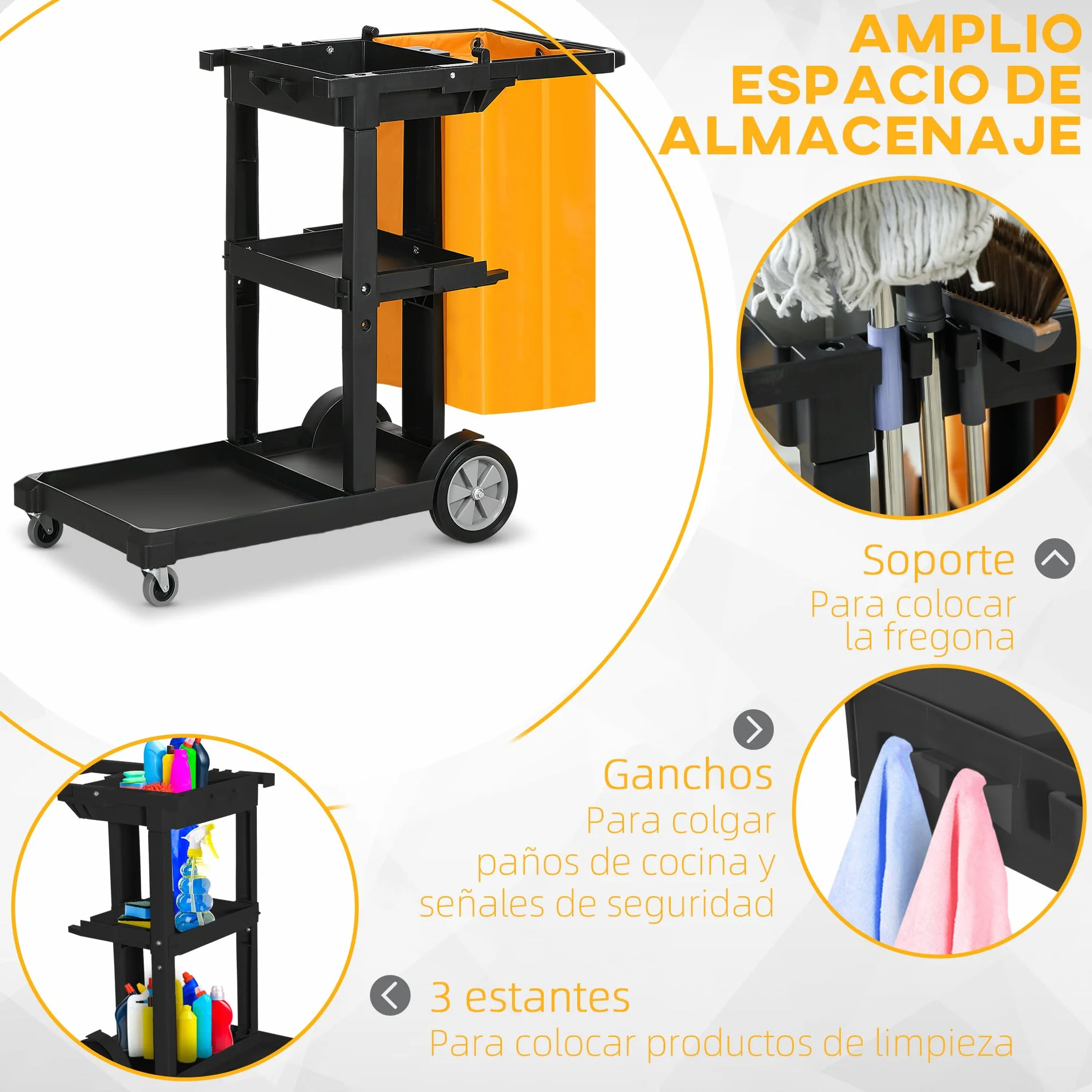 HOMCOM Carro de Limpieza con Bolsa 100L Profesional y Multifuncional para Colectividades Hotel Hostal con 3 Bandejas y 1 Plataforma 121x50,5x96,5 cm Negro y Amarillo