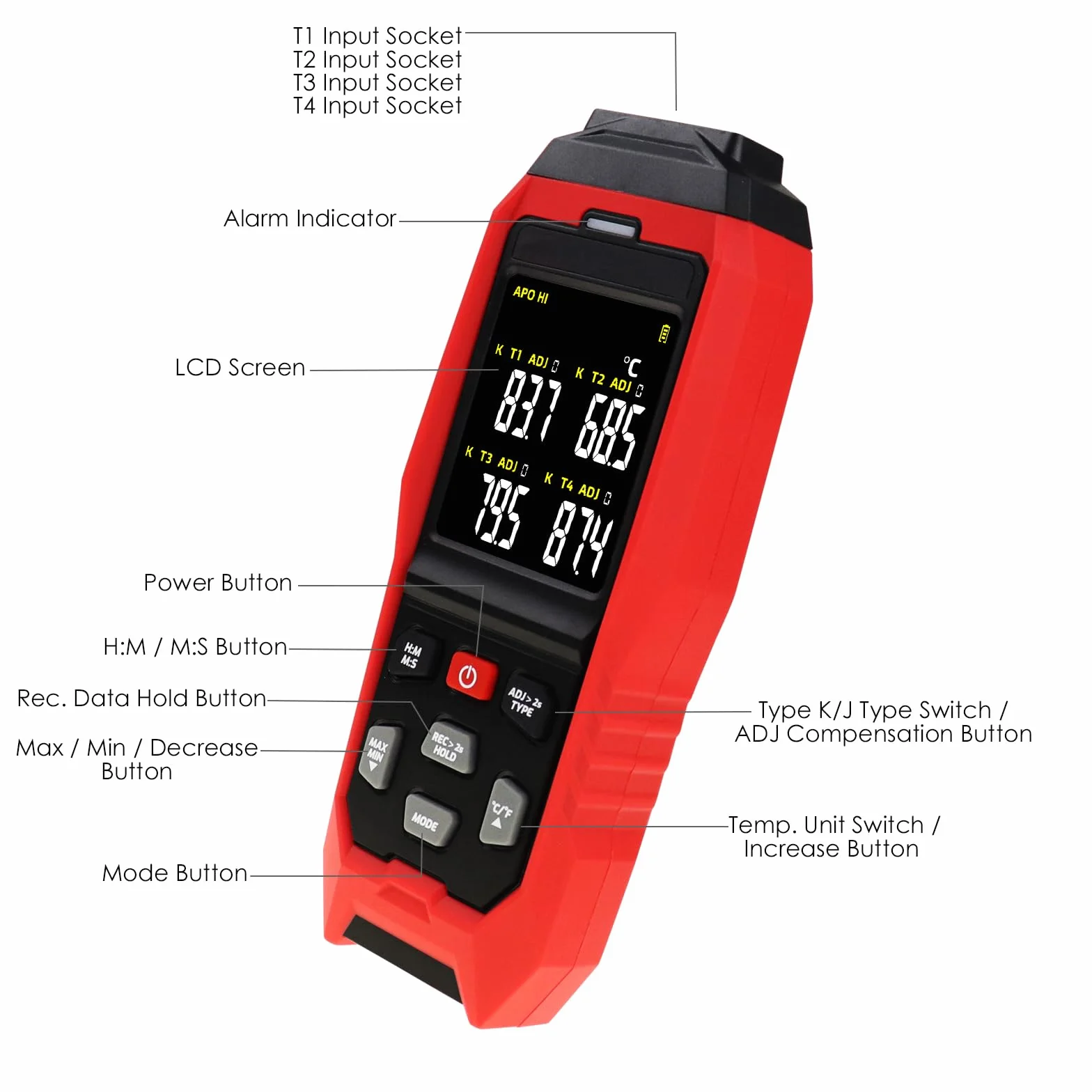 Termómetro K/J tipo registrador de datos Termómetro profesional de termopar con 5000 grupos de registro de temperatura, -328~2501℉ Medición Alarma acústica y visible, función de compensación ADJ