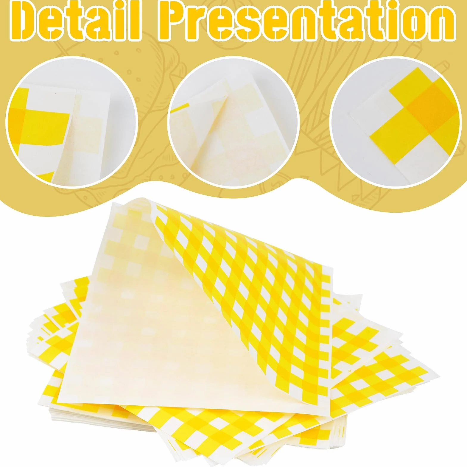 Papel Hamburguesa Antigrasa 18x18 cm Bolsa para Envolver Alimentos Hamburguesas Sándwich Patatas Fritas Patrón Cuadrícula Amarilla