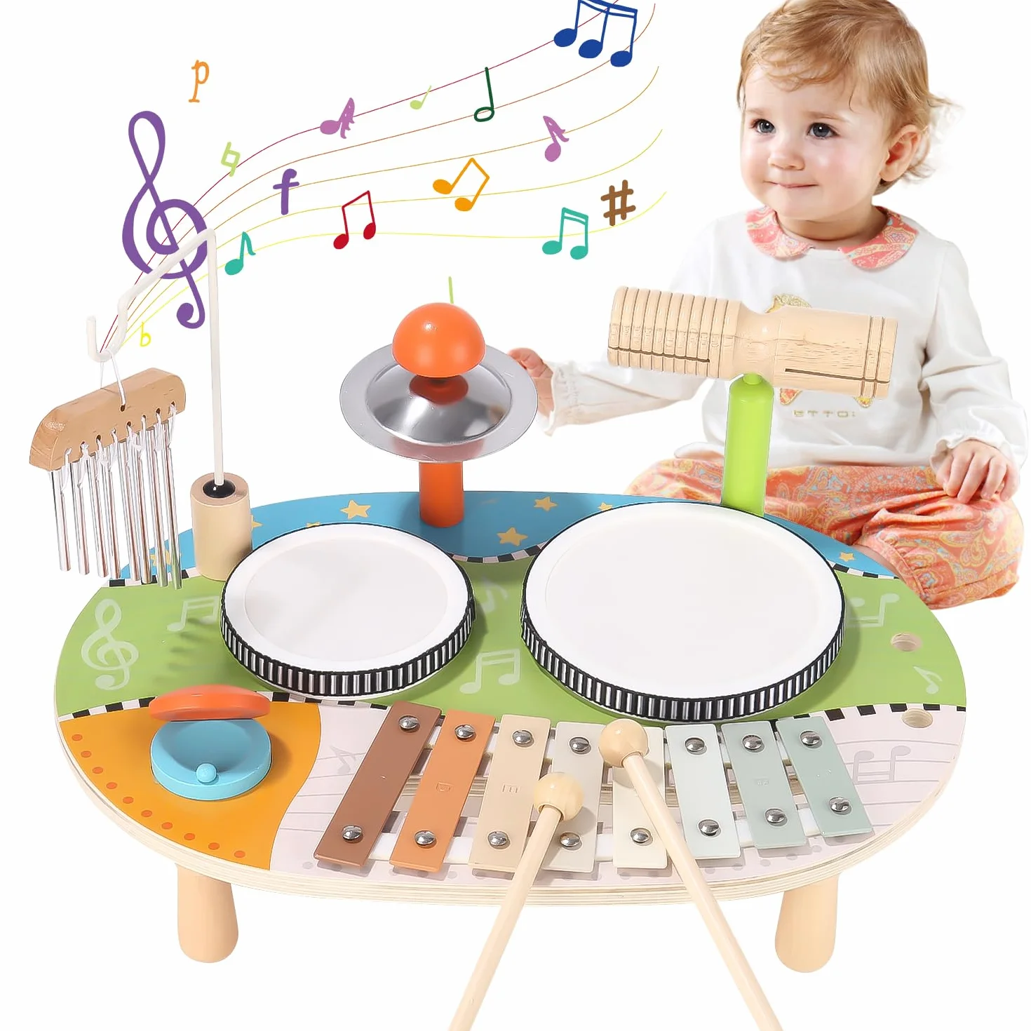 Juguetes de Madera Xilófono Tambor Instrumentos Musicales Infantiles para Bebés 2 3 4 Años