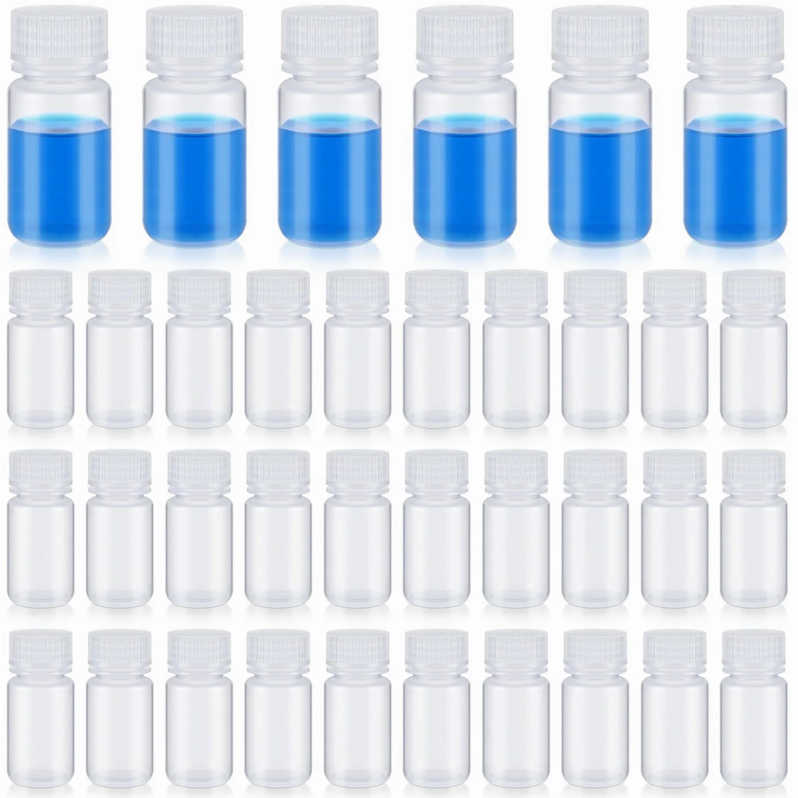 Tatuo 48 botellas de plástico para muestras de píldoras de boca ancha, contenedor de reactivo de laboratorio con tapas, recipiente translúcido de muestra de agua de polipropileno para líquidos