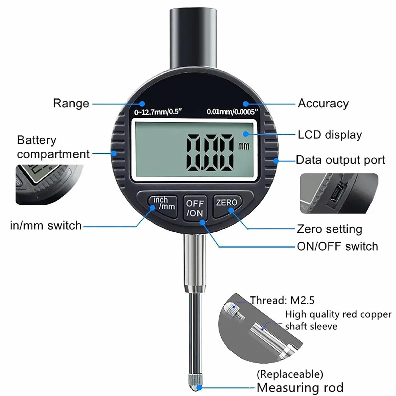 Rugosímetro digital para superficies, medidor de rugosidad para granallado y arenado con 0-6,5/8/10 mm, con opciones métricas/pulgadas intercambiables, medidor de patrones de anclaje(0-10mm)