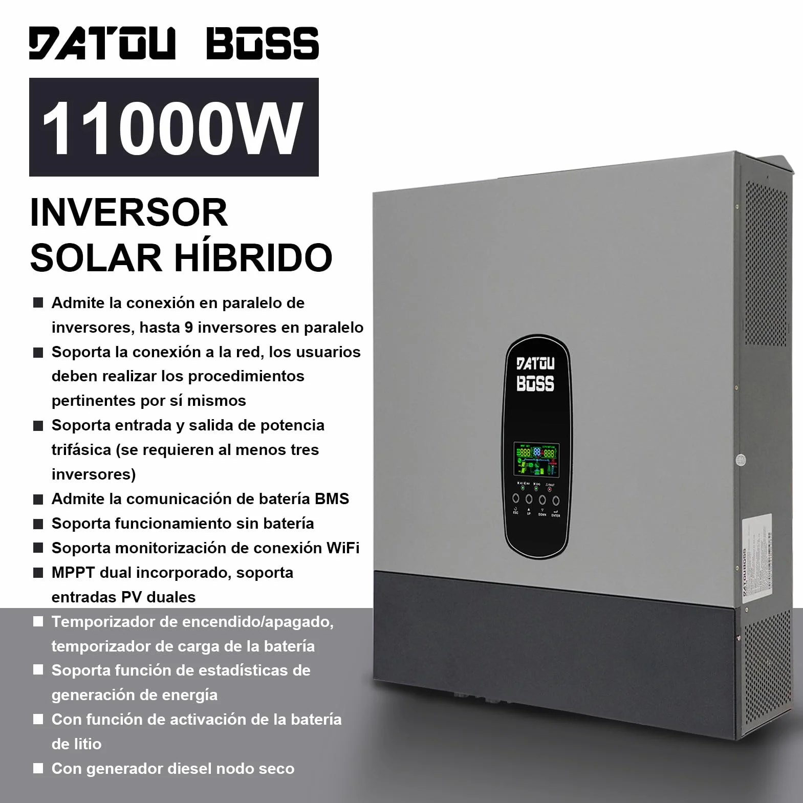 DATOUBOSS 11KW Inversor Solar Híbrido 48v, Inversor Hibrido de Conexión a Red Solar, Admite Funcionamiento en Paralelo y Funcionamiento Sin Batería con Controlador de Carga Solar MPPT de 150A