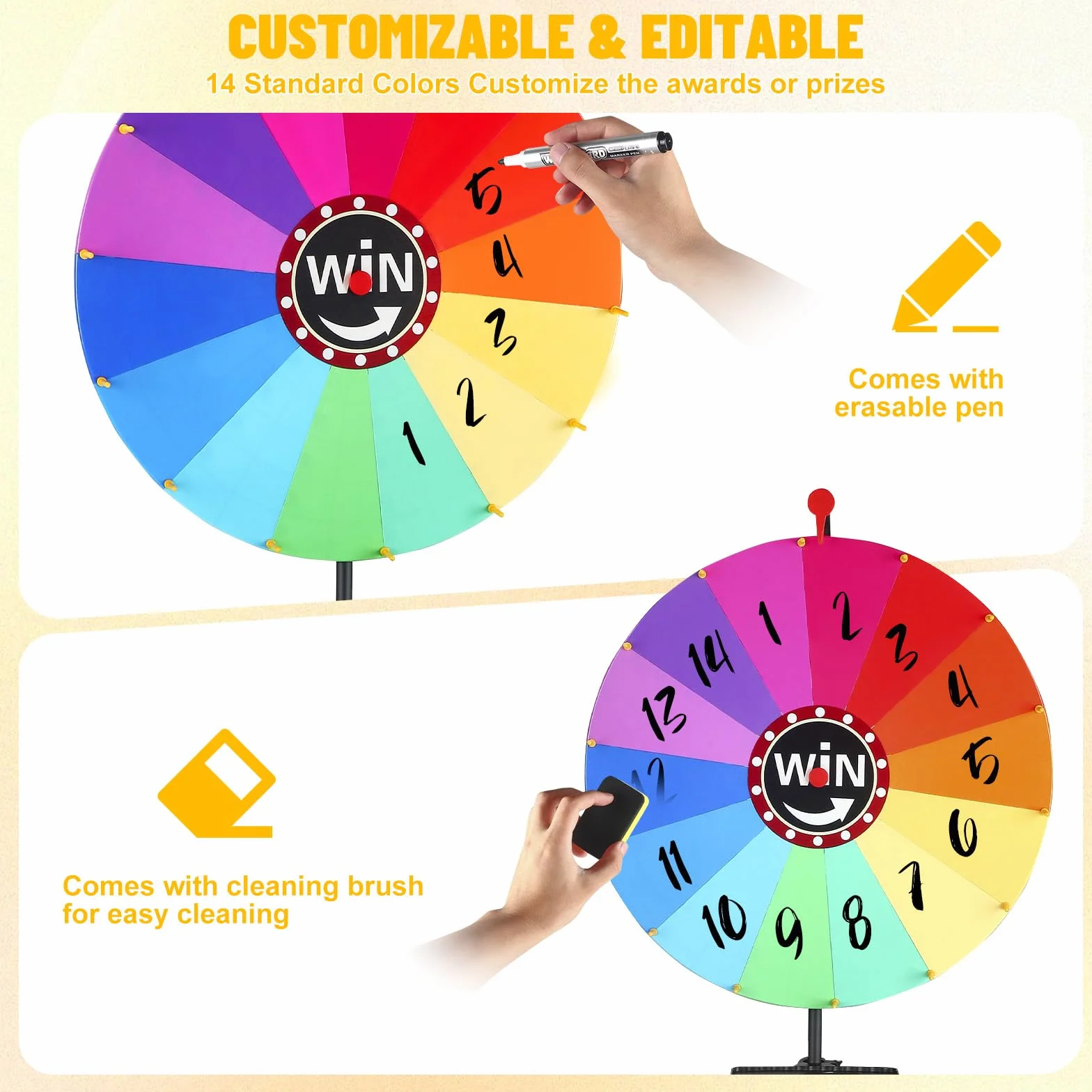 Rueda de la fortuna 60 cm con soporte 165 cm, 14 ranuras coloridas, ruleta de premios para carnaval