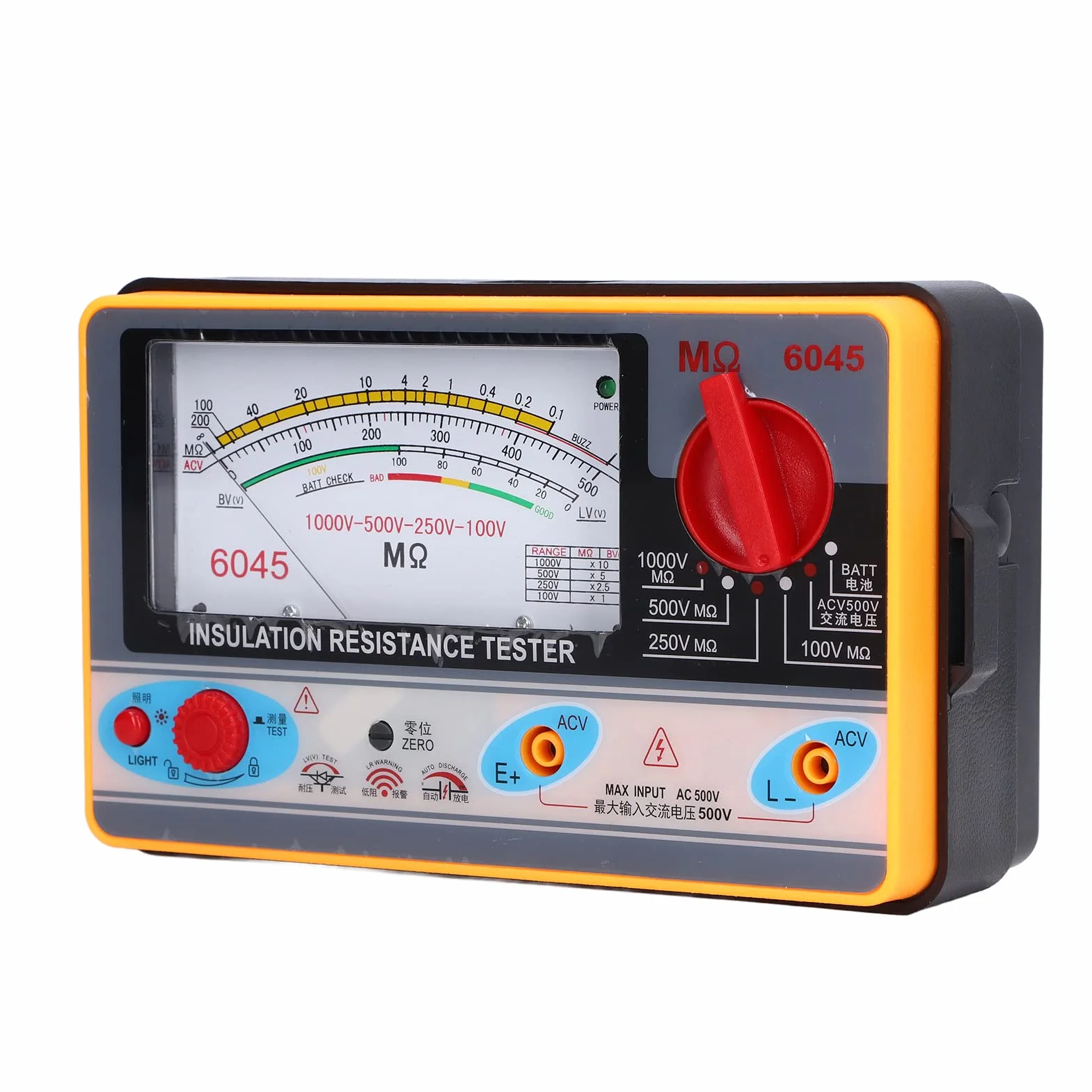 Probador de Resistencia de Aislamiento Analógico, CC 100/250/500/1000 V Y CA 750 V Y Medidor de Megaohmios de Batería, 5-2000 Mohm para Pruebas de Infrarrojos