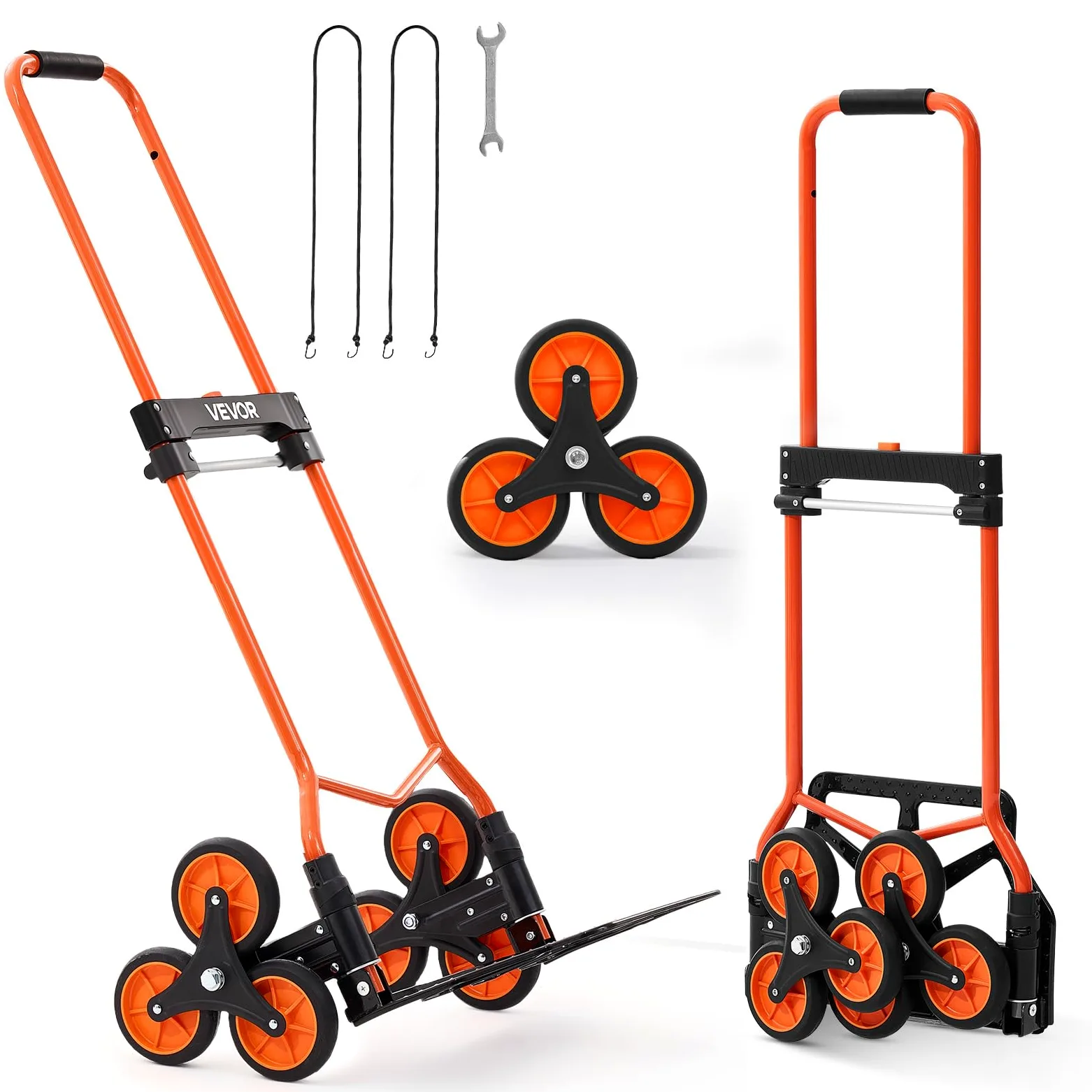 VEVOR Carretilla de Mano Plegable con Asa Telescópica, Carga Máxima 54 kg, Carro Sube Escaleras Resistente, Marco de Acero al Carbono, con 2 Cuerdas y 6 Ruedas, para Almacén Compra Oficina y Hogar