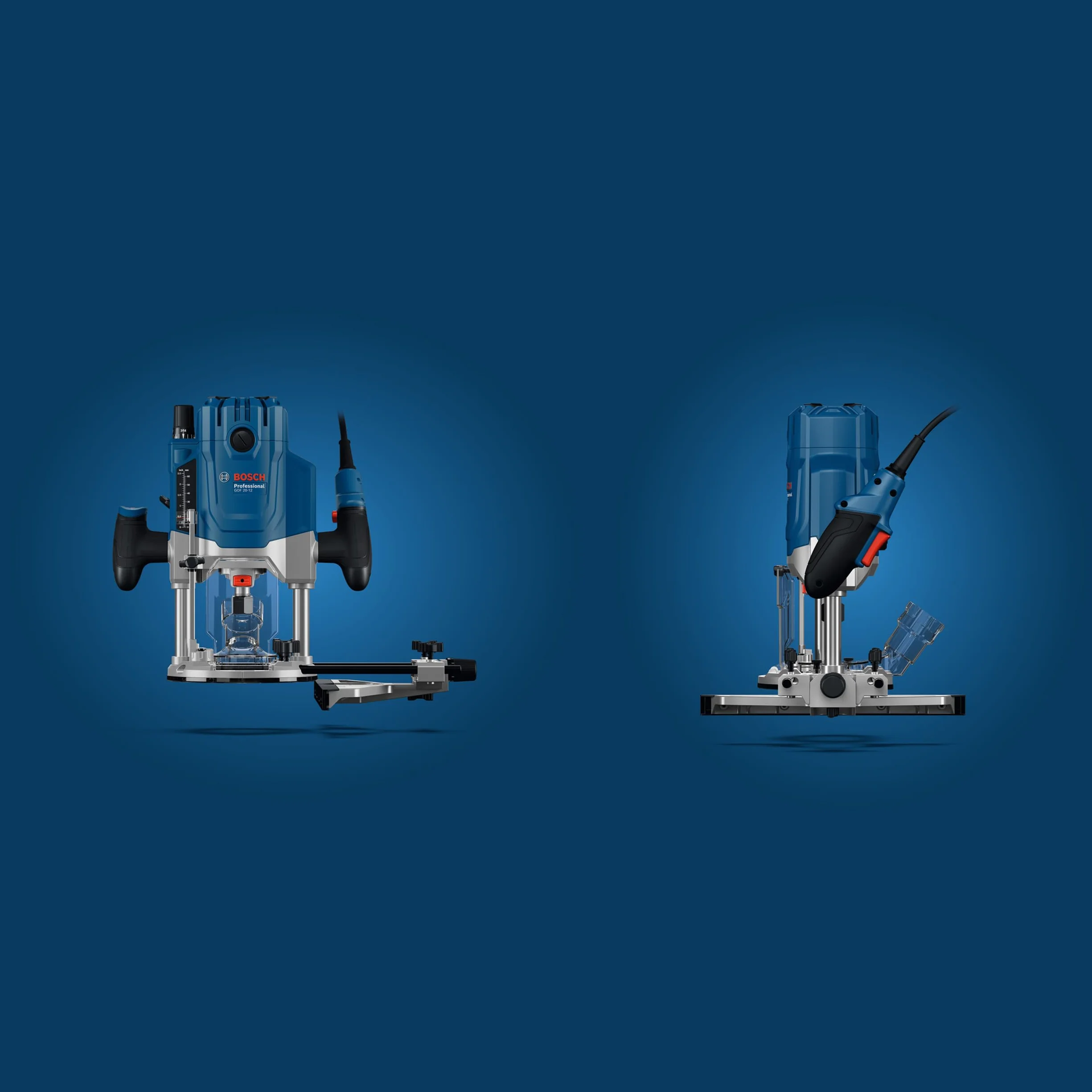 Bosch Professional Fresadora con cable GOF 20-12 (potencia absorbida de 2000 W, incl. aspiración de polvo, guía de rodillos y paralela, pasador de centrado, llave de vaso, set de pinzas)