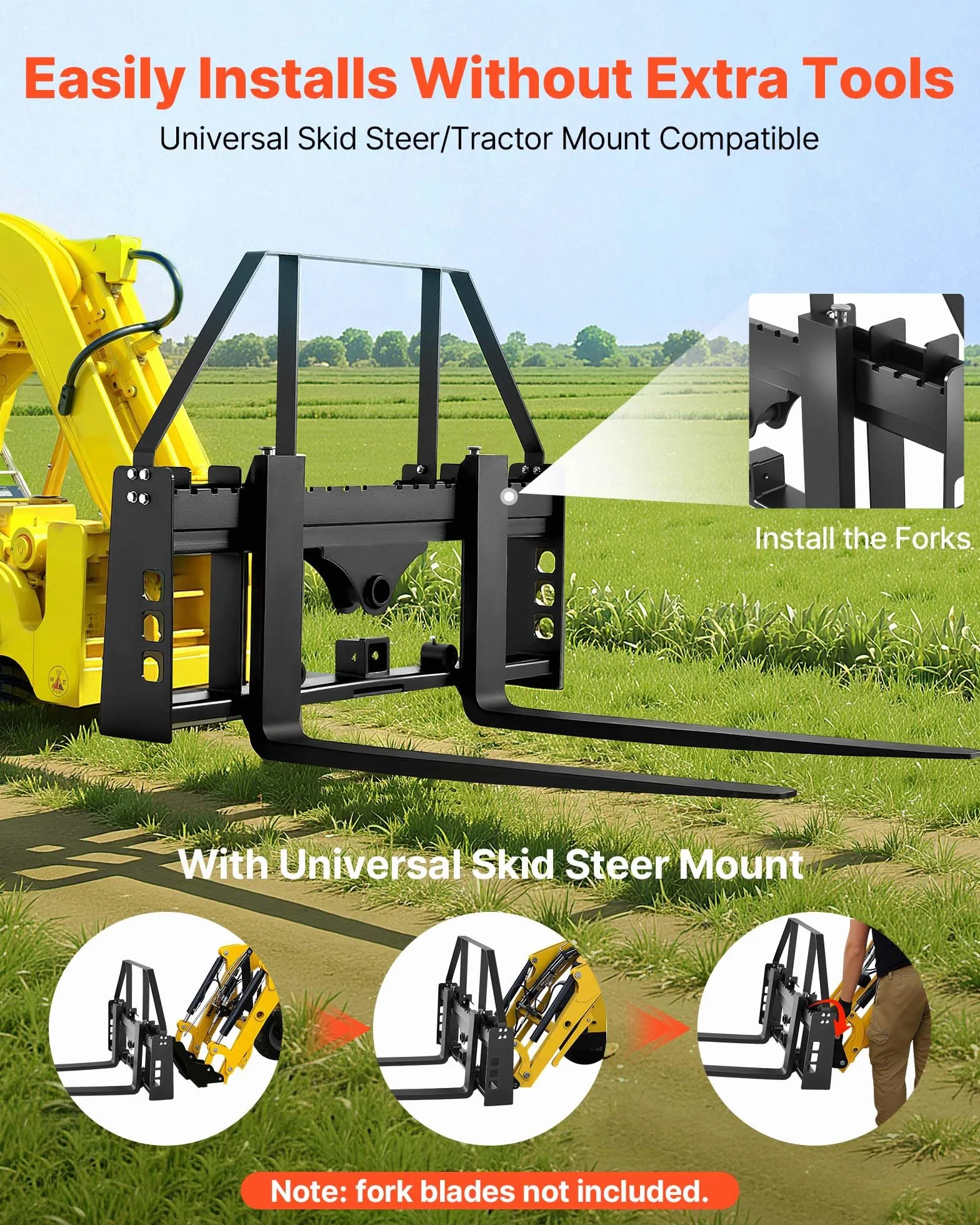 VEVOR Marco de Horquilla de Palés para Minicargadora, 1150 mm con Deflector, Enganche de Remolque 50,8 mm y Manguitos de Lanza Carga 1814 kg para Cargadora de Tractor de Conexión Rápida, Solo Marco