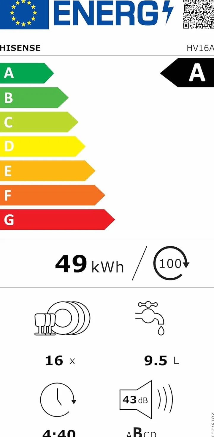 Hisense HV16A Lavavajillas 16 cubiertos 3 cestas 8 programas motor inverter inicio diferido total dry Intensive Clean Zone Touch empotrado
