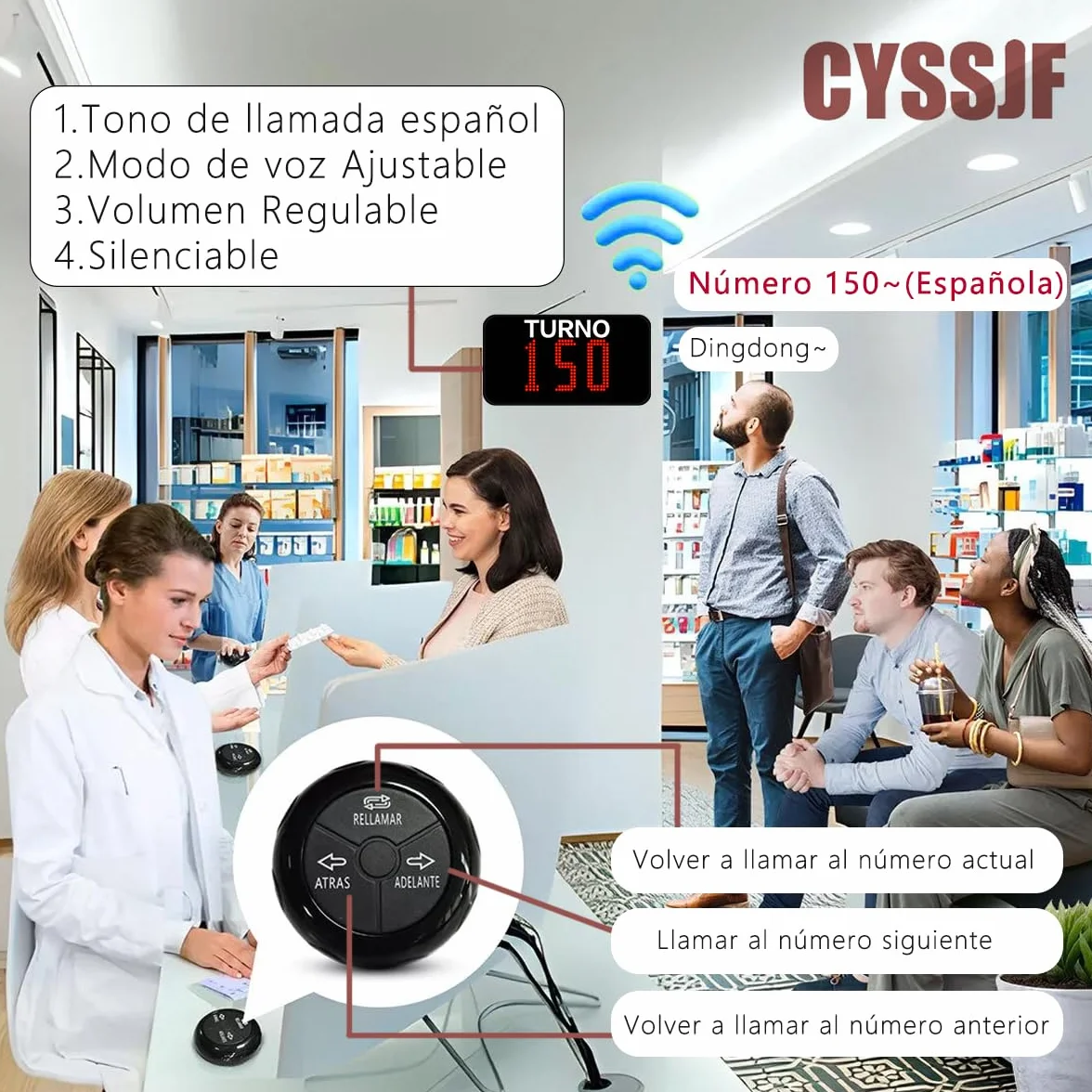 Pantalla Su Turno Digital (Llamada en Español) | 3 Dígitos| Maquina de Numeros Turnos, Sistema de Turnos y Gestión de Cola, Sistema Turnos |1 Pantalla Turno+2 Botón de Llamada +1Mando