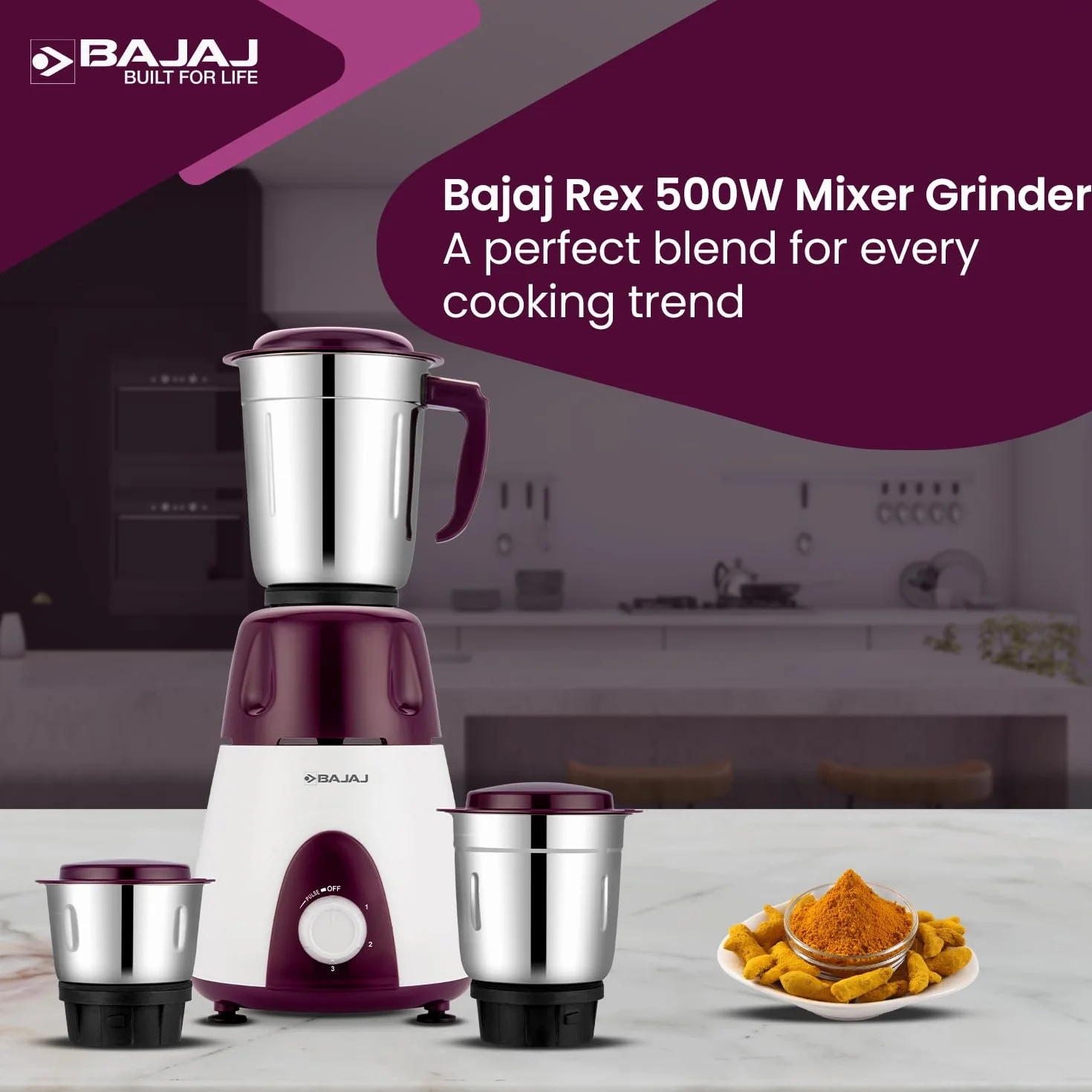 Bajaj Rex - Molinillo mezclador de 500 W, mezcla para cocina con características Nutri-Pro, 3 tarros mezcladores SS para molienda resistente, control de velocidad ajustable, sistema de cuchillas