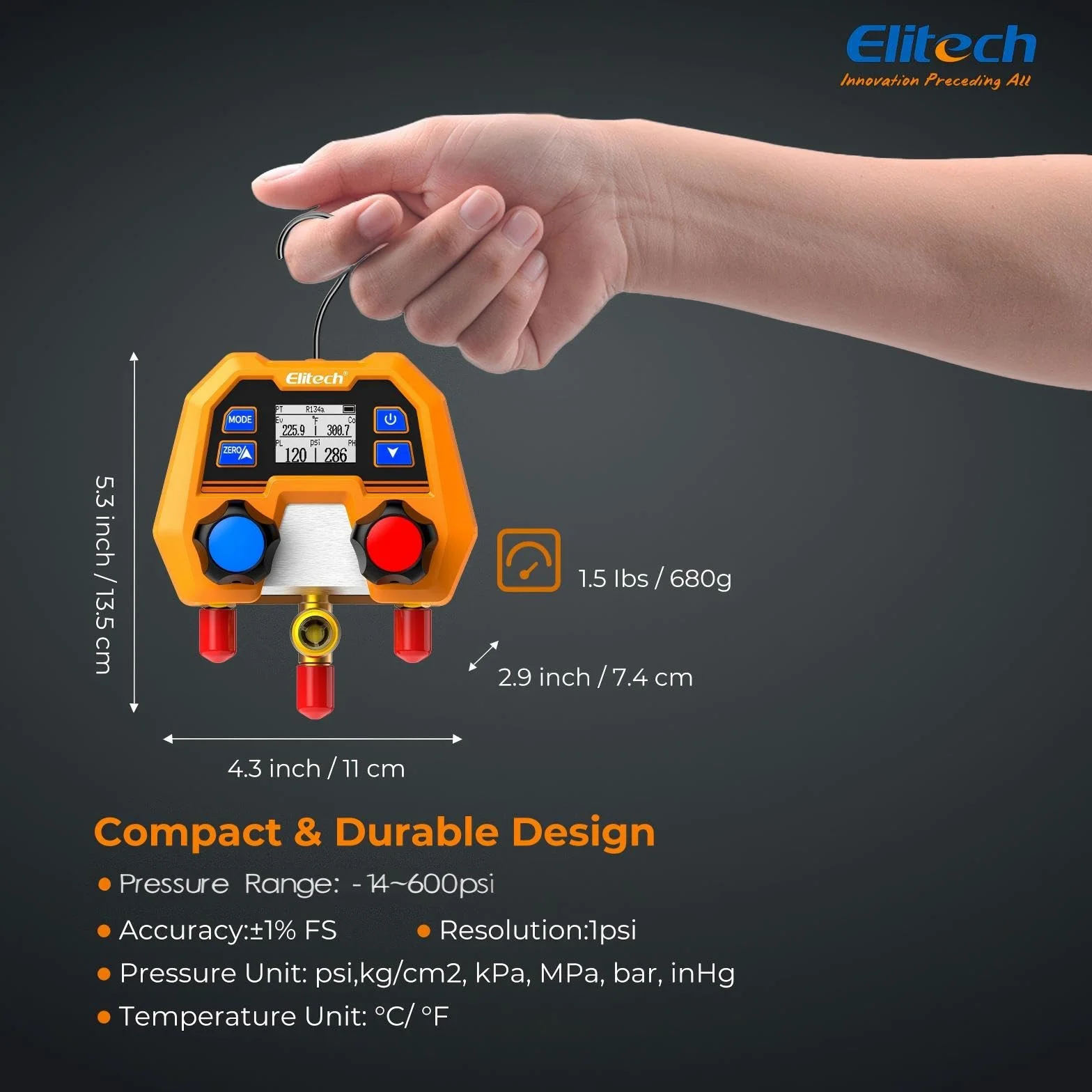 Elitech Manifold - Medidor de refrigerante 600 psi/41 bar ± 1% de precisión, 88 tipos de refrigerantes y medición de presión/temperatura, protección IP54 para sistemas de aire acondicionado