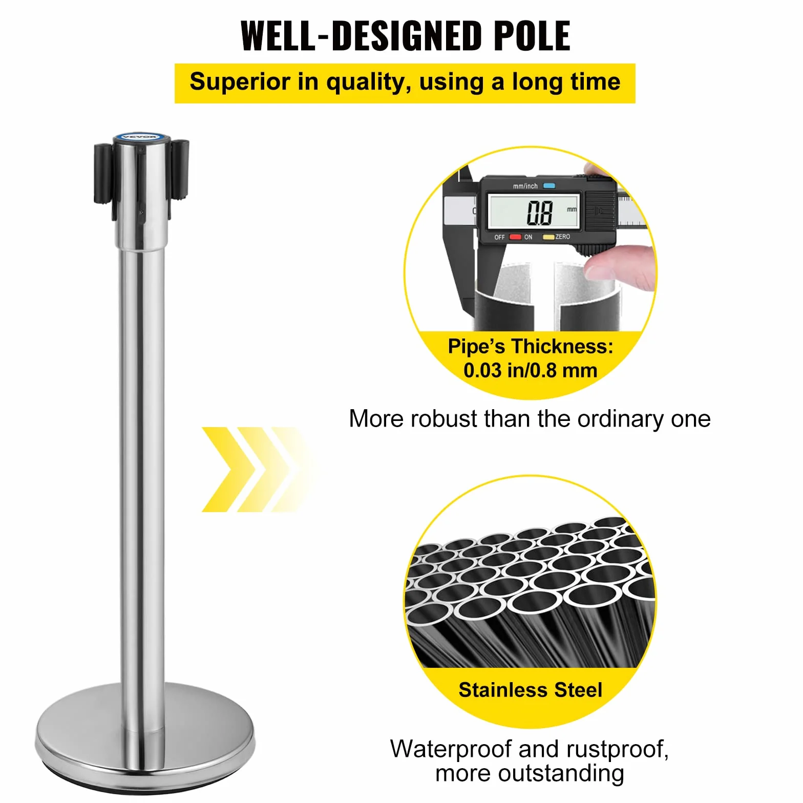 VEVOR Poste Separador con Cinta Extensible 2 m, Altura 90 cm, Base 32 cm, Negro, 2 Piezas