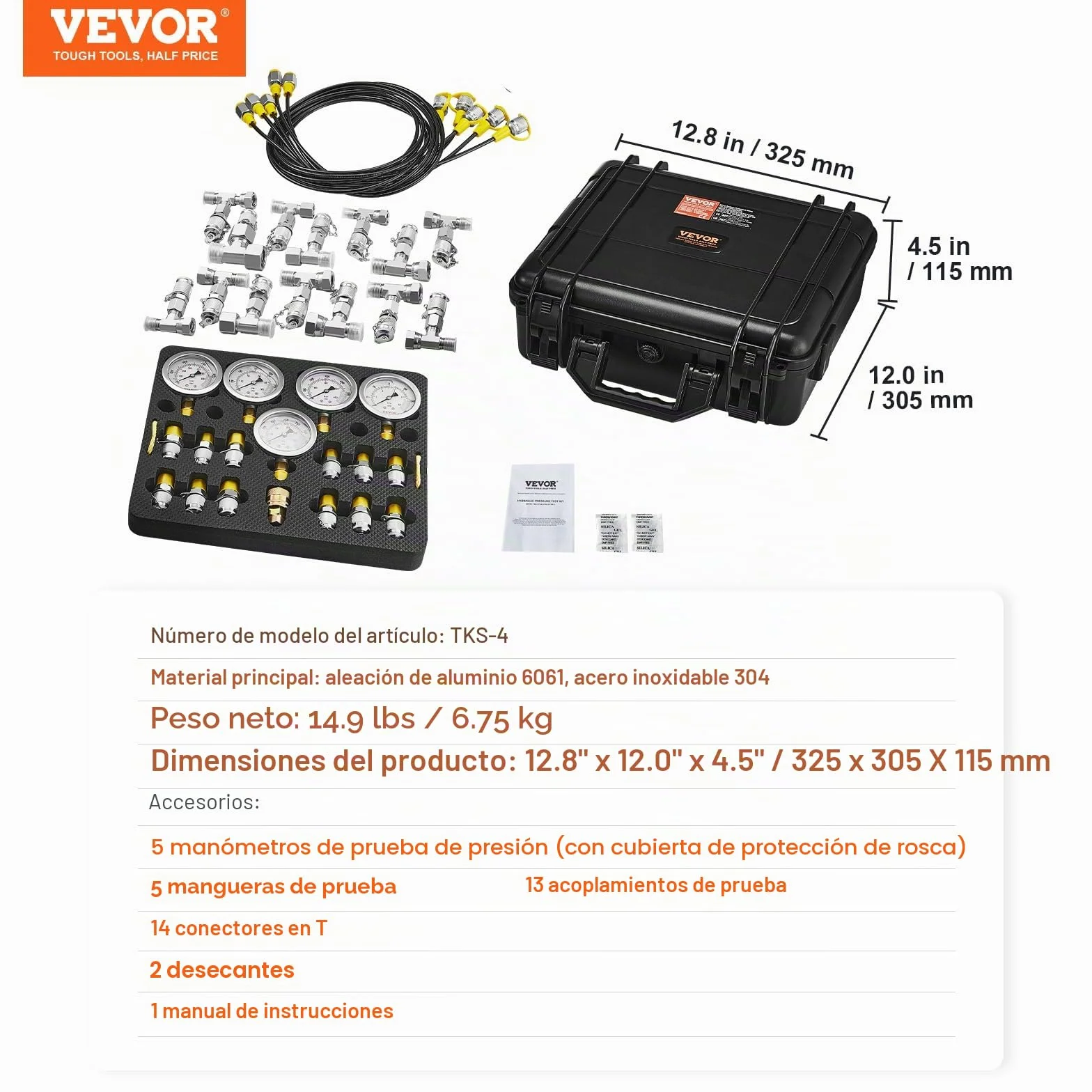VEVOR Kit de prueba de presión hidráulica, 10/100/250/400/600 bar, 5 manómetros, 13 accesorios, 14 conectores en T, 5 mangueras, manómetro con estuche de transporte para excavadoras
