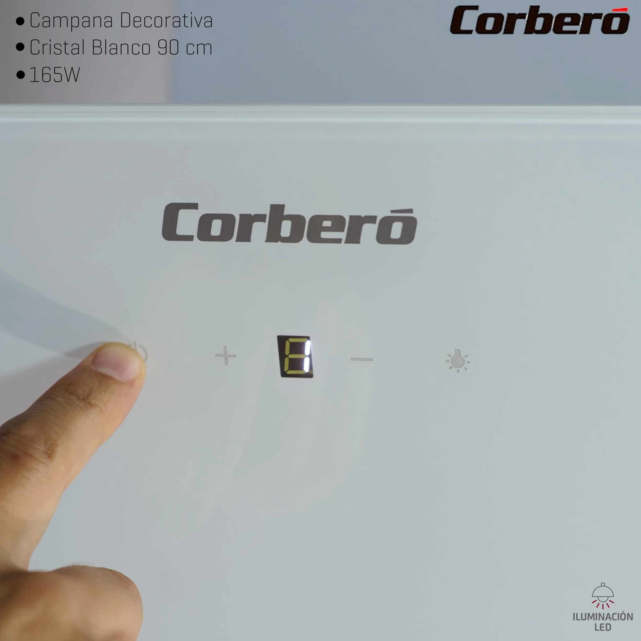 Corberó Campana Extractora 90 cm VICTORIA960W 594,2 m3/h 67db 165W 3 Velocidades Control Touch Vidrio Templado Filtro Aluminio Carbón Cristal Blanco