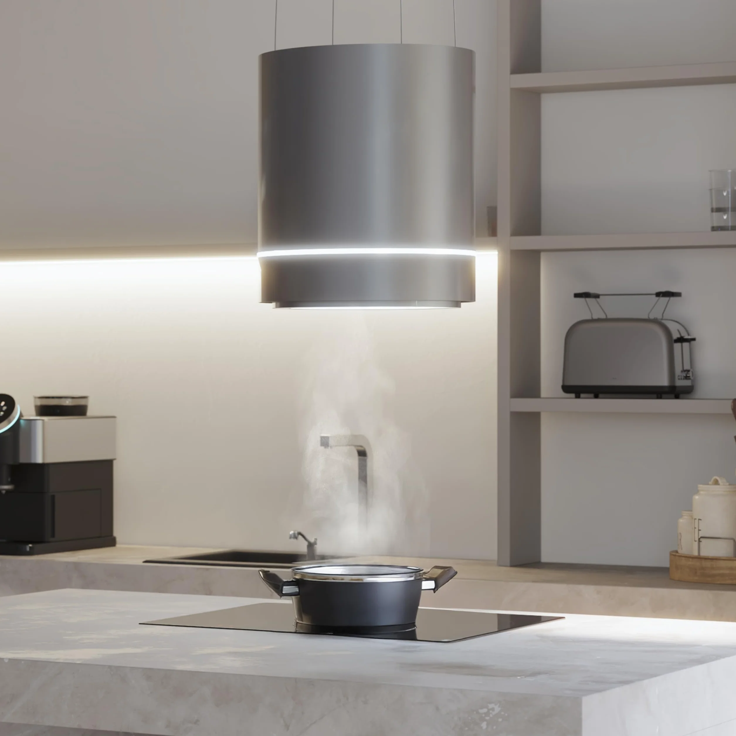Cecotec Campana Extractora 44cm En Isla Redonda Bolero Flux Cre 448000 Inox A++ Acabado Acero Inox Succión 800m3/h Motor 210W Control Electrónico Luz Filtro Carbono