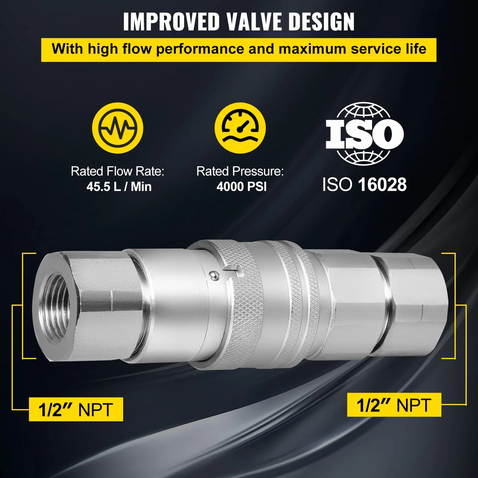 VEVOR Acoplamiento Hidráulico de Conexión Rápida 4 Kits Acoplamiento Hidráulico de Conexión Rápida Cuerpo 12,7 mm Rosca 1/2" NPT Acero Cara Plana Gran Caudal 45,5 L/min Conector para Línea