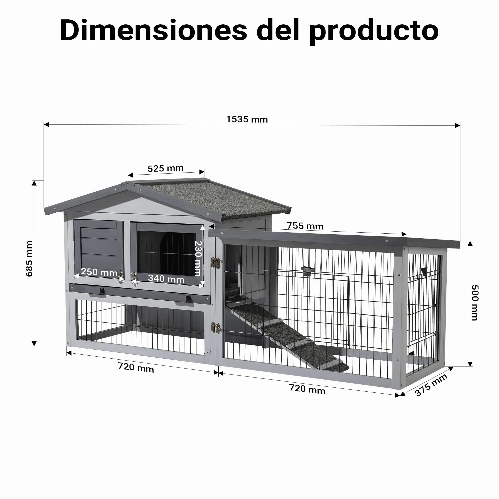 Gallinero de Madera Gris Claro 1535 x 525 x 685 mm, nidos y Corral, Bandeja extraíble para Limpieza