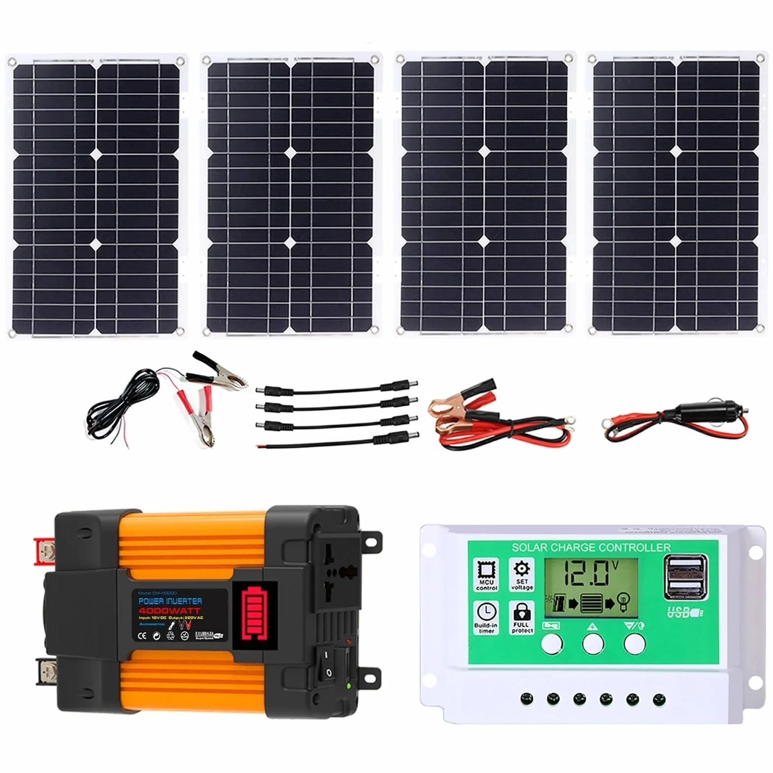 4000W/6000W Kit Solar Completo Con Inversor 100W Panel Y Controlador 50A | Panel Monocristalino Impermeable, Protección Múltiple De Circuitos, RV, Camping, Cabaña, Energía De Respaldo(4000W,12V-110V)