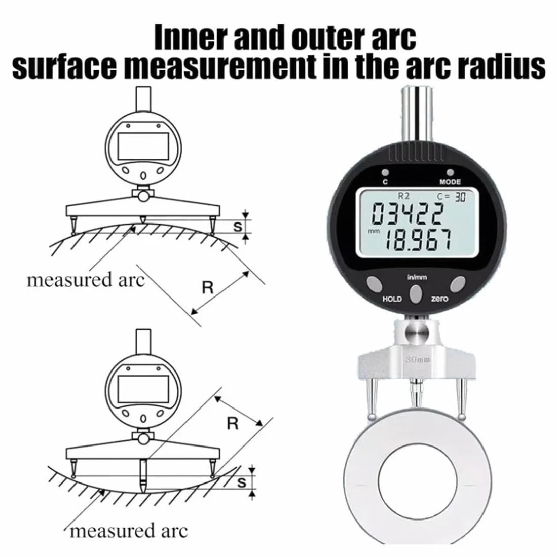 Medidor de radio digital de alta precisión, radio electrónica, radio de medición de 0,2" - 27,5"(5 mm - 700 mm), con medición intercambiables de 10 mm/20 mm/30 mm/60 mm/100 mm