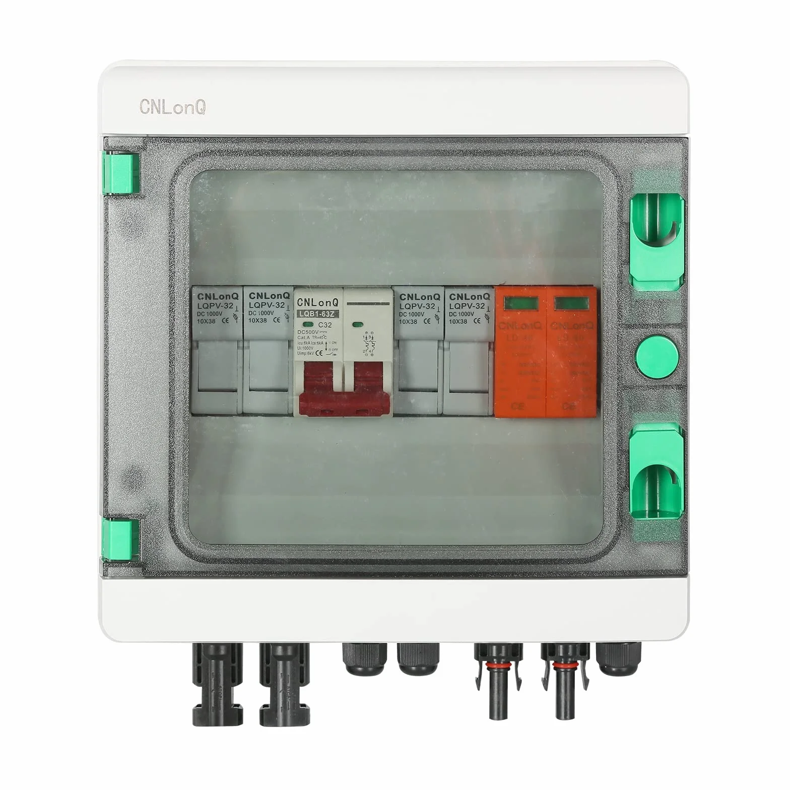 DEWIN Caja Combinadora Solar Fotovoltaica, 500V 32A 2 Cuerdas PV DC Disyuntor Caja Combinadora de PV Solar 2 en 1 Salida Caja de Distribución de IP65 Impermeable, para Sistemas Solares Fotovoltaico