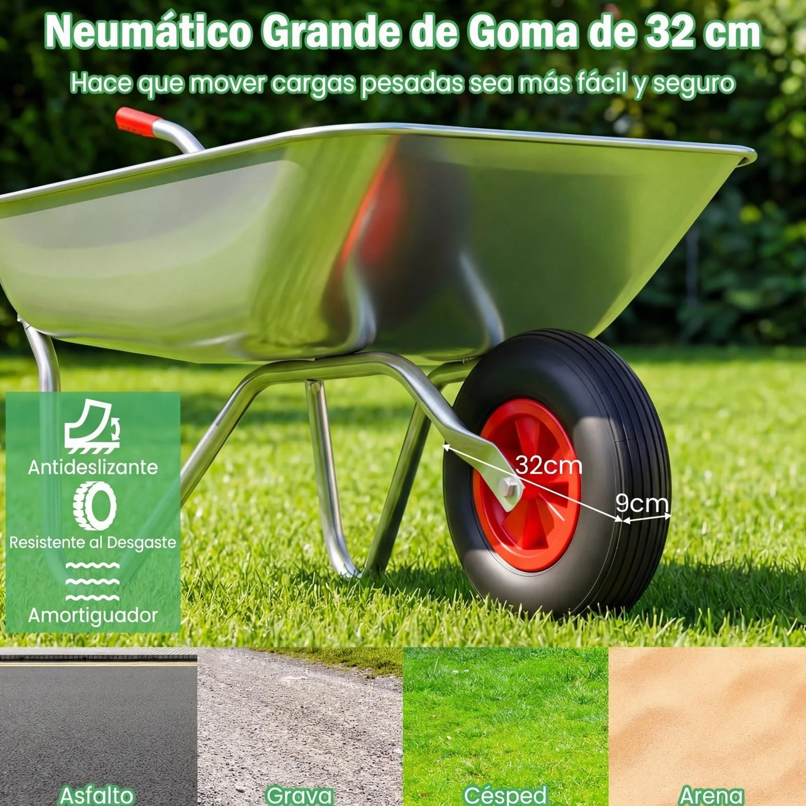 COSTWAY Carretilla de Obra, Galvanizado Metal, Carga 136kg, 62,5 L, Carretilla Jardín con 2 Manillares y Neumático Grande de Goma, Césped Jardín Patio Granja