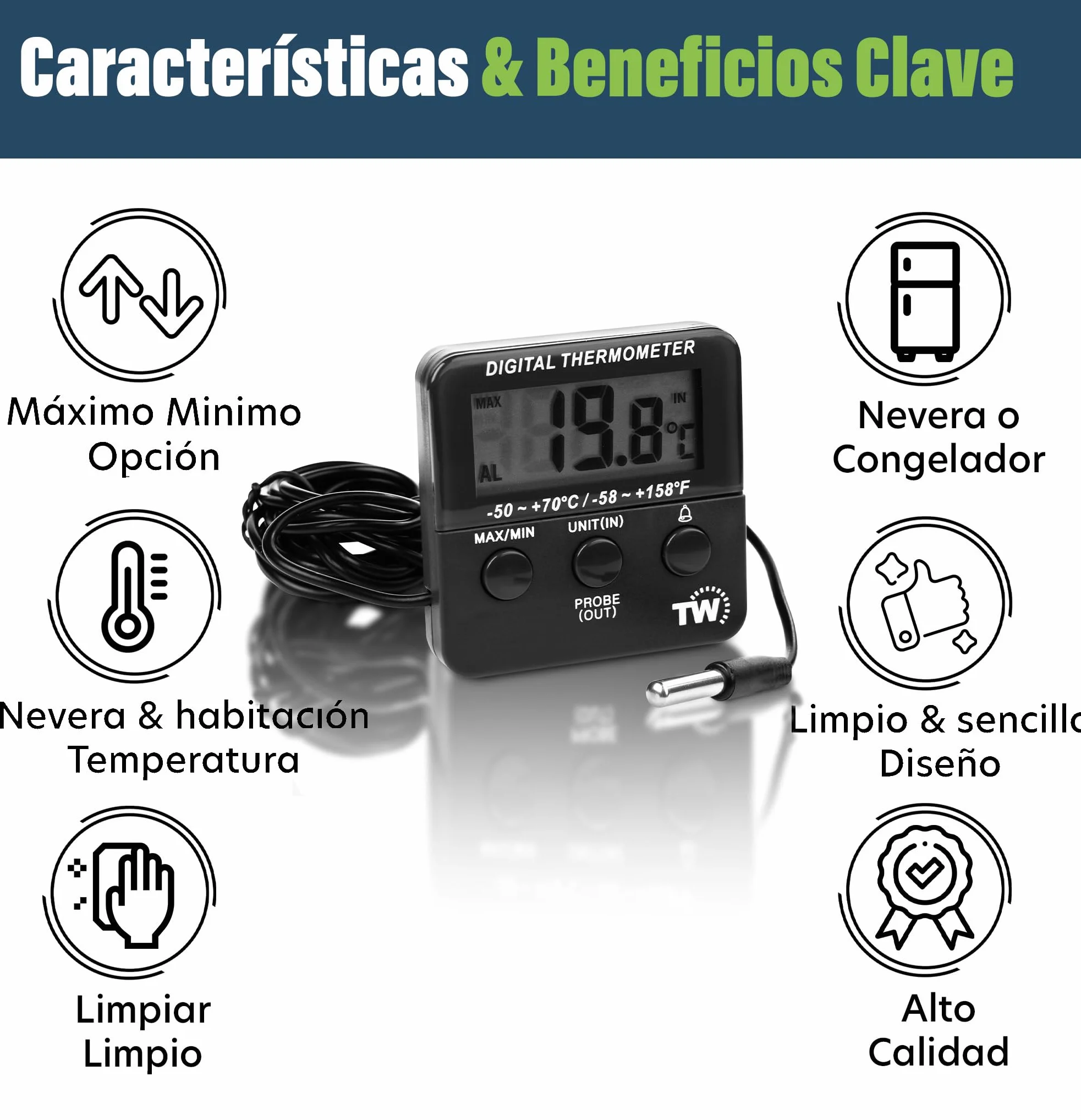 Termómetro Digital para Refrigerador con Alarma de Temperatura Máxima y Mínima