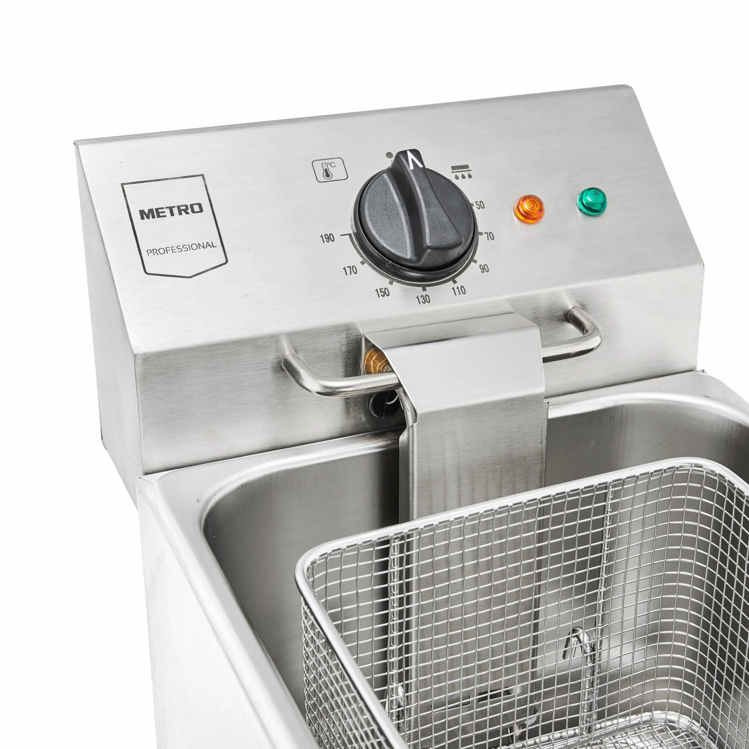 METRO Professional Freidora Eléctrica GDF3008, Acero Inoxidable, 8 L, Termostato Ajustable, Indicadores Luminosos, Asas Resistentes al Calor, 3250 W, Plateada