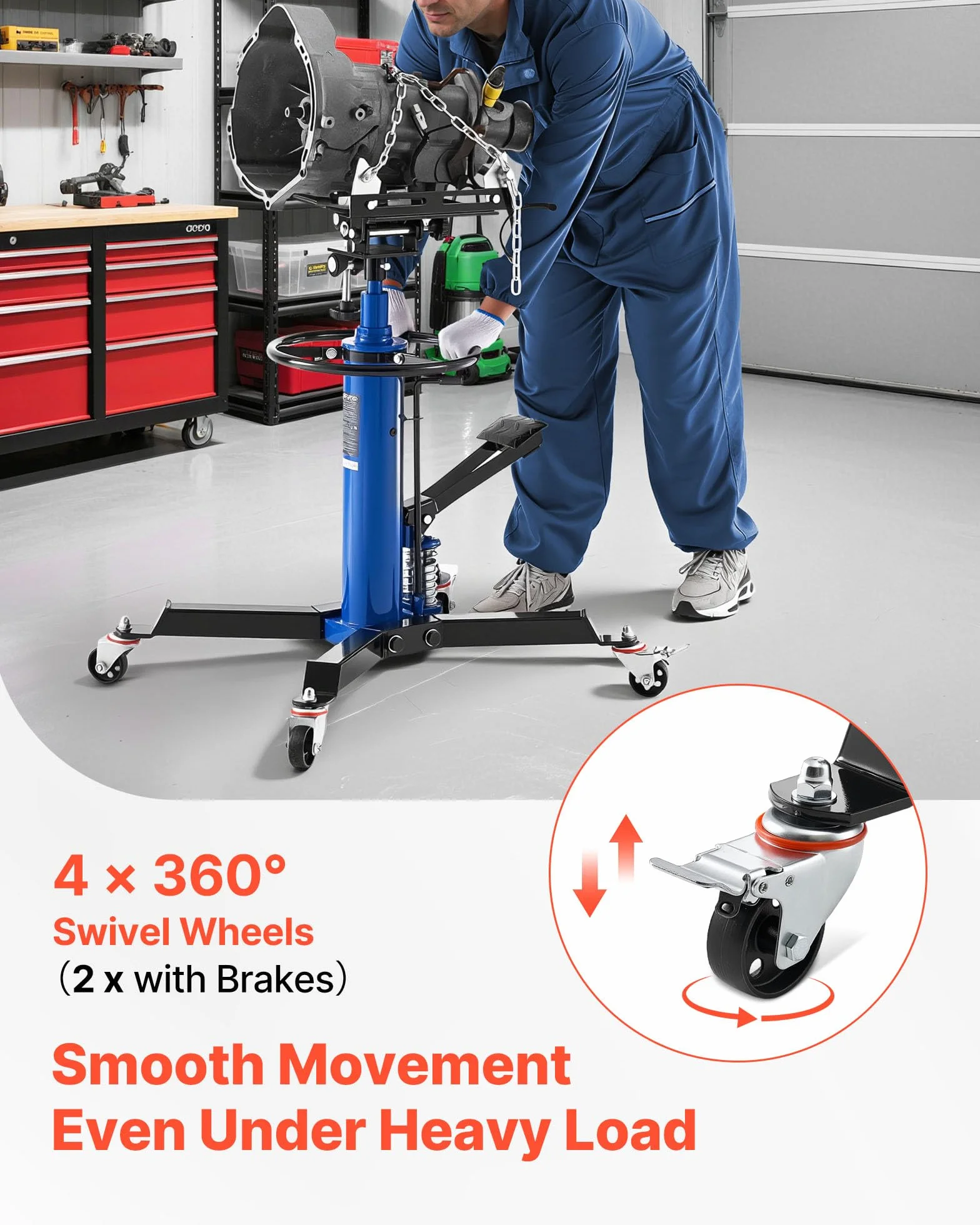 VEVOR Gato Hidráulico de Transmisión, Capacidad de Elevación 600 kg, con Pedal y Caja de Cambios Telescópica Doble, Altura de Elevación 88-176 cm, a Garaje/Taller, Azul, 735 x 625 x 970–1855 mm