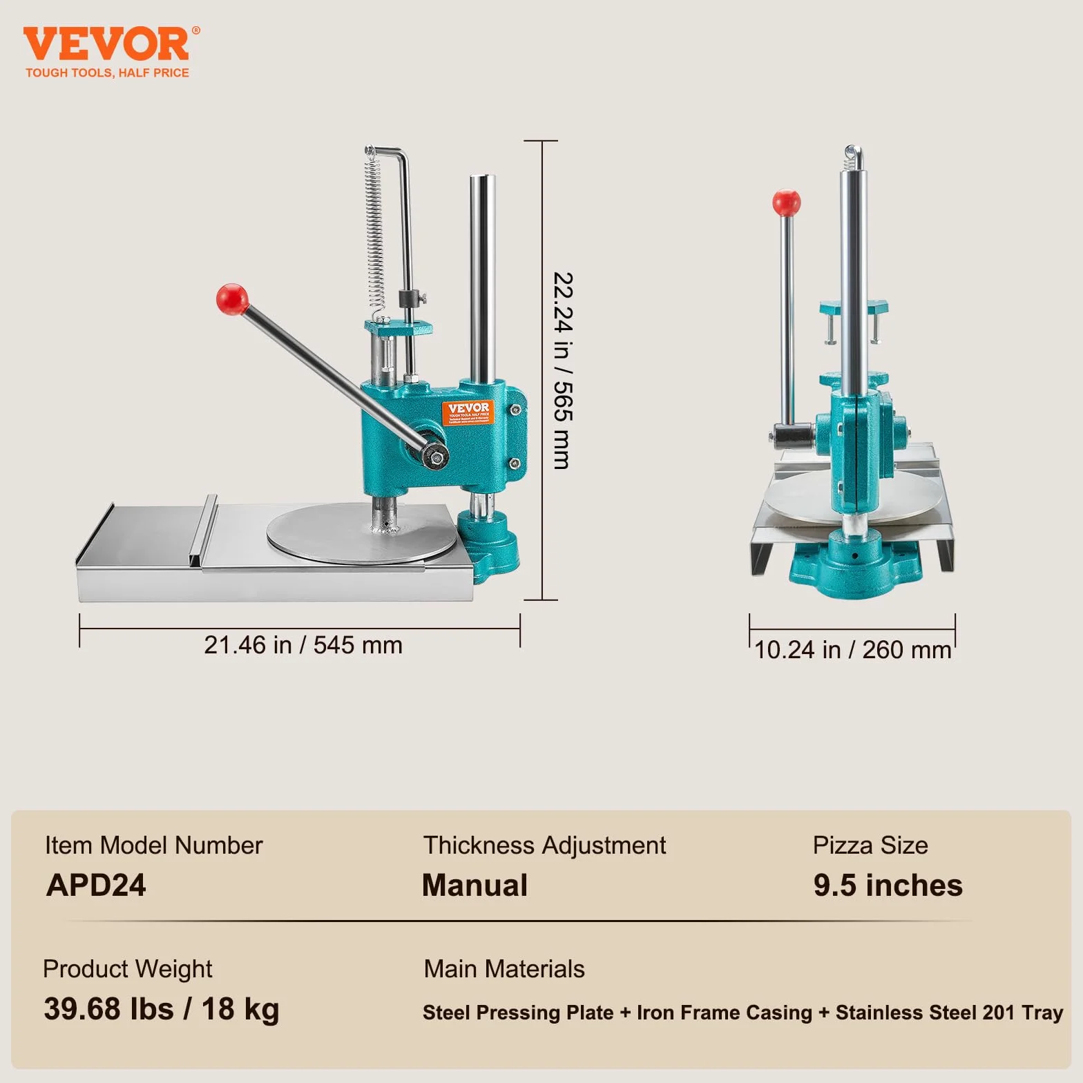 VEVOR Prensa de Pasta Máquina de Pizza Manual Diámetro de 24cm con Bandeja de Acero Inoxidable Formadora de Pizza Doméstica Altura Ajustable para Tartas Tortillas Panes Pizzerías Panaderías Cafeterías