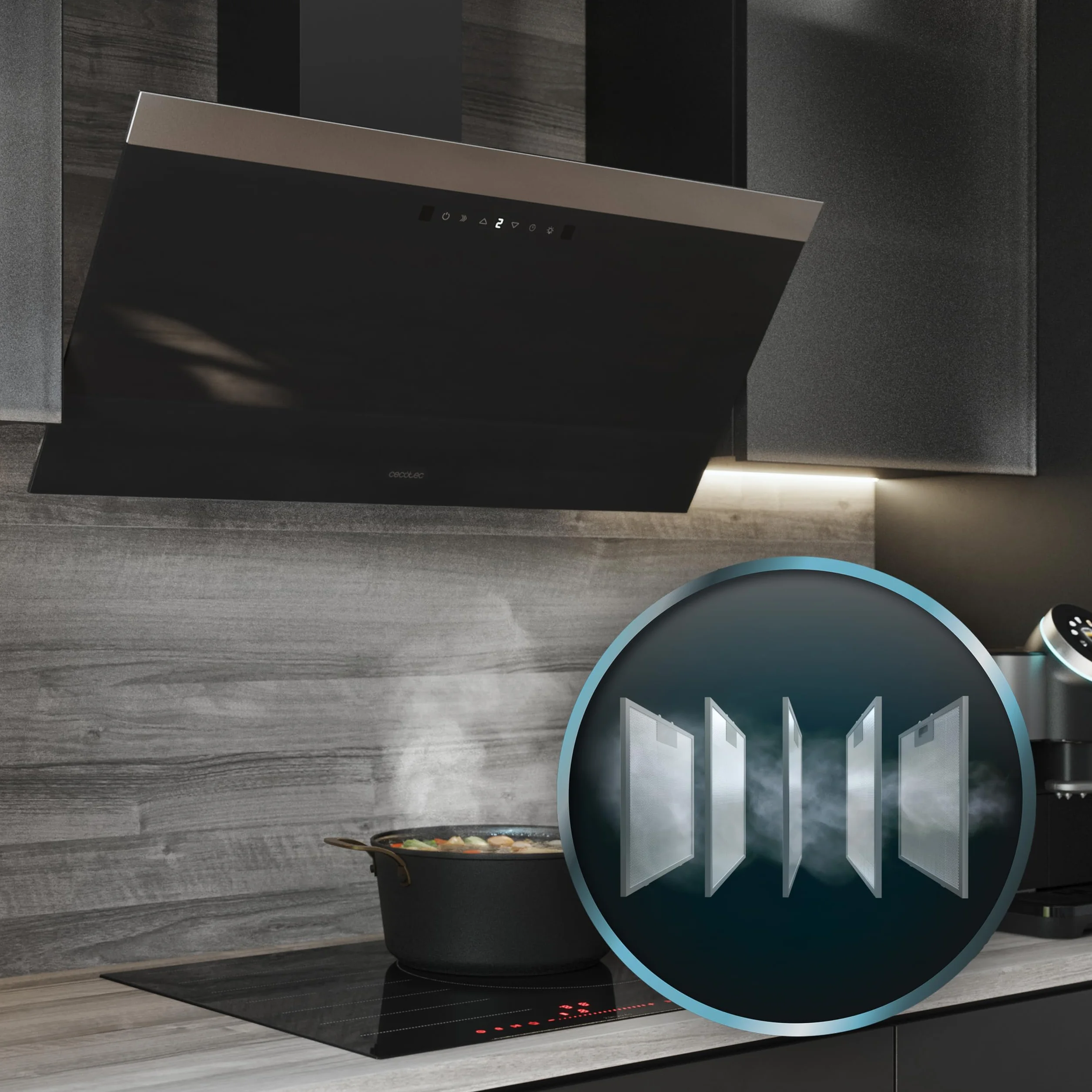 Cecotec Campana Extractora Decorativa 90cm Bolero Flux DT 906500 Glass Black 165W 650m3/h Control Táctil Booster