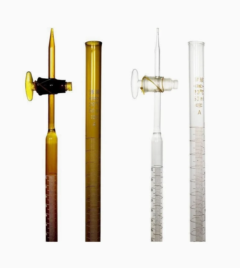 Buretas de vidrio, Bureta de vidrio borosilicato clase A, llave paso PTFE, valoración multicolor, 10-100 ml(25ml PTFE alkaline/cidic)