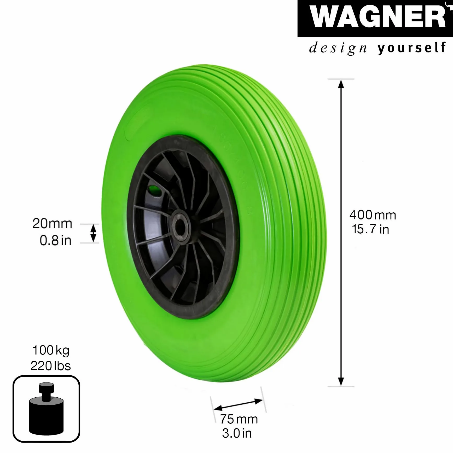 Wagner Rueda de Carretilla - ANTIPINCHAZOS - Rueda de Espuma de PU, diámetro Ø Rueda 400 mm, llanta 75 mm, Eje 20 mm, Capacidad de Carga 100 kg - 04840201