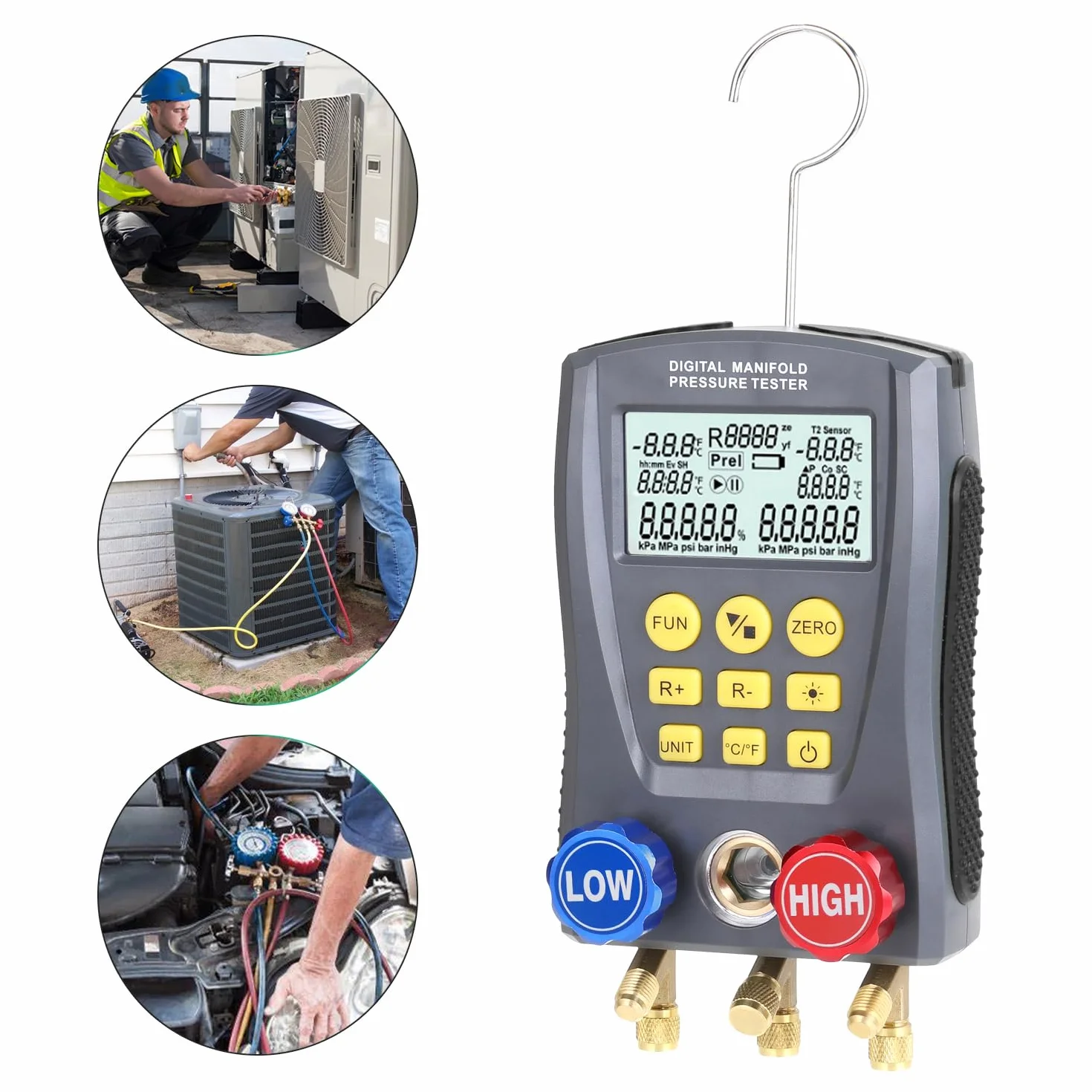 RSFIL Medidor de presión Refrigeración Digital Vacío Presión Colector Probador Medidor Calefacción Ventilación y Aire Acondicionado Probador de Temperatura Válvulas Kit de Herramientas