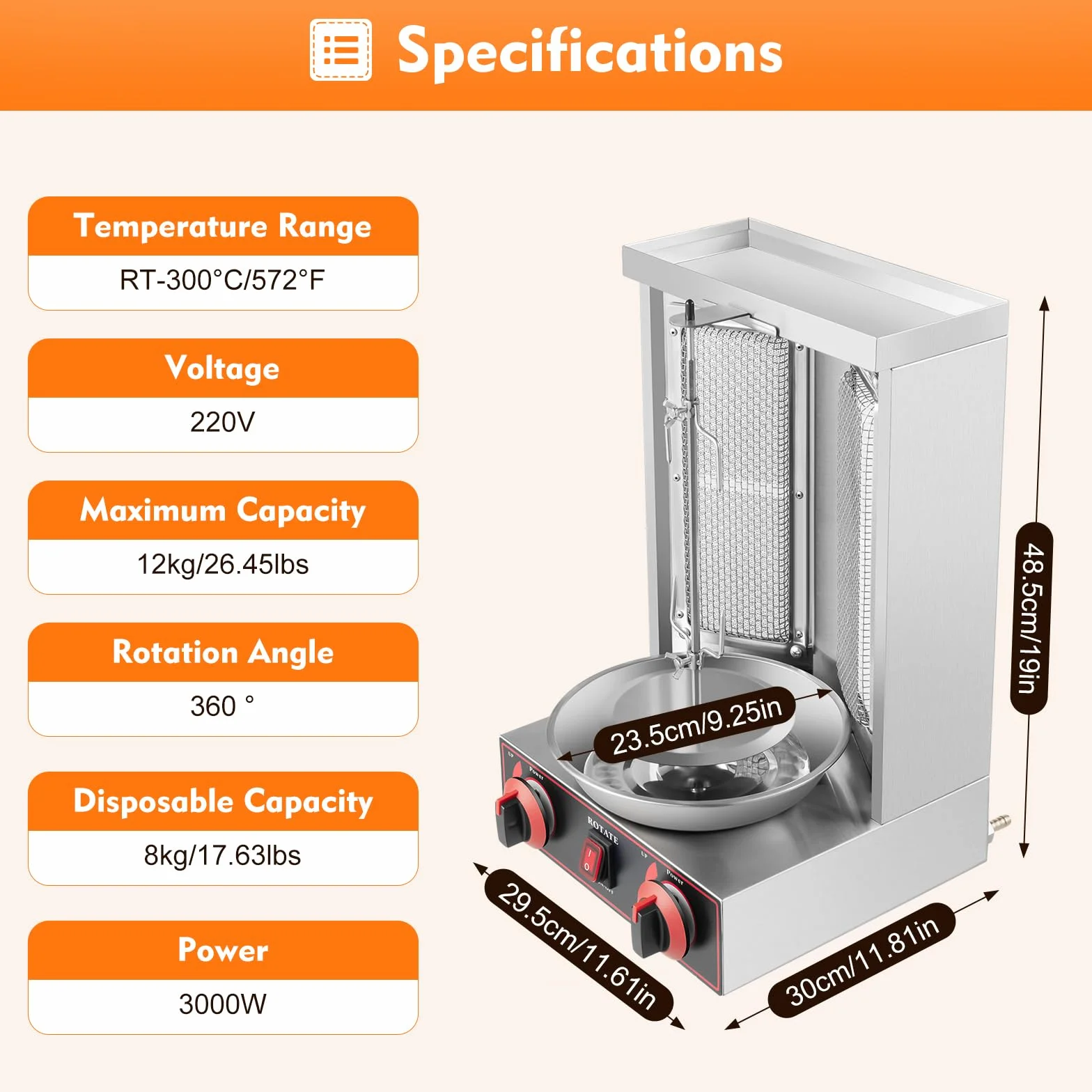 Máquina de döner kebab a gas, DSYOGX Vertical Parrilla Eléctrica Rotativa, 3000W 220V Döner-Vertikal-Multigrill puede asar brochetas de cordero y pollo, Negro