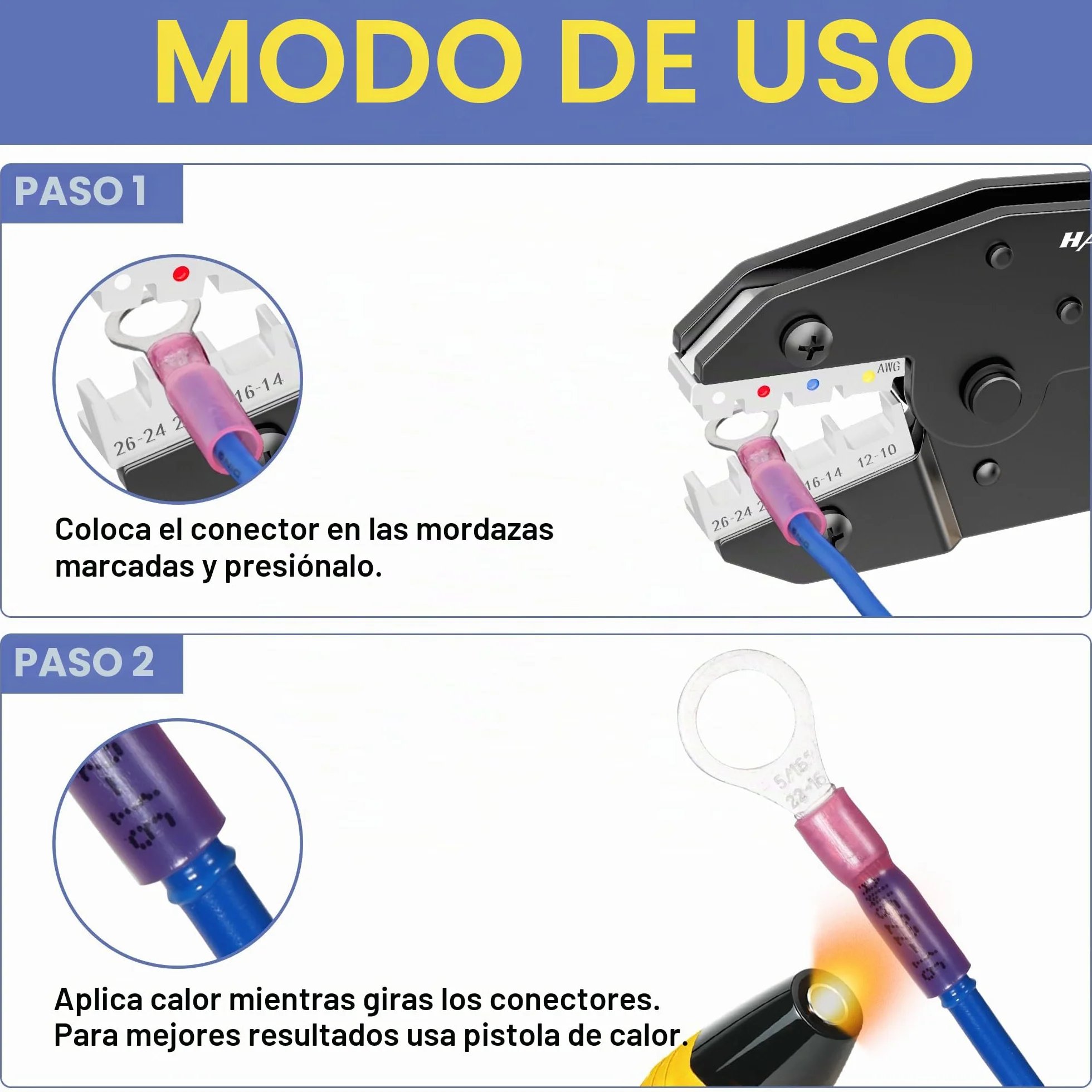 Kit de Crimpadora con Pelacables y 280 Conectores Termorretráctiles 0,5–6 mm² AWG22–10