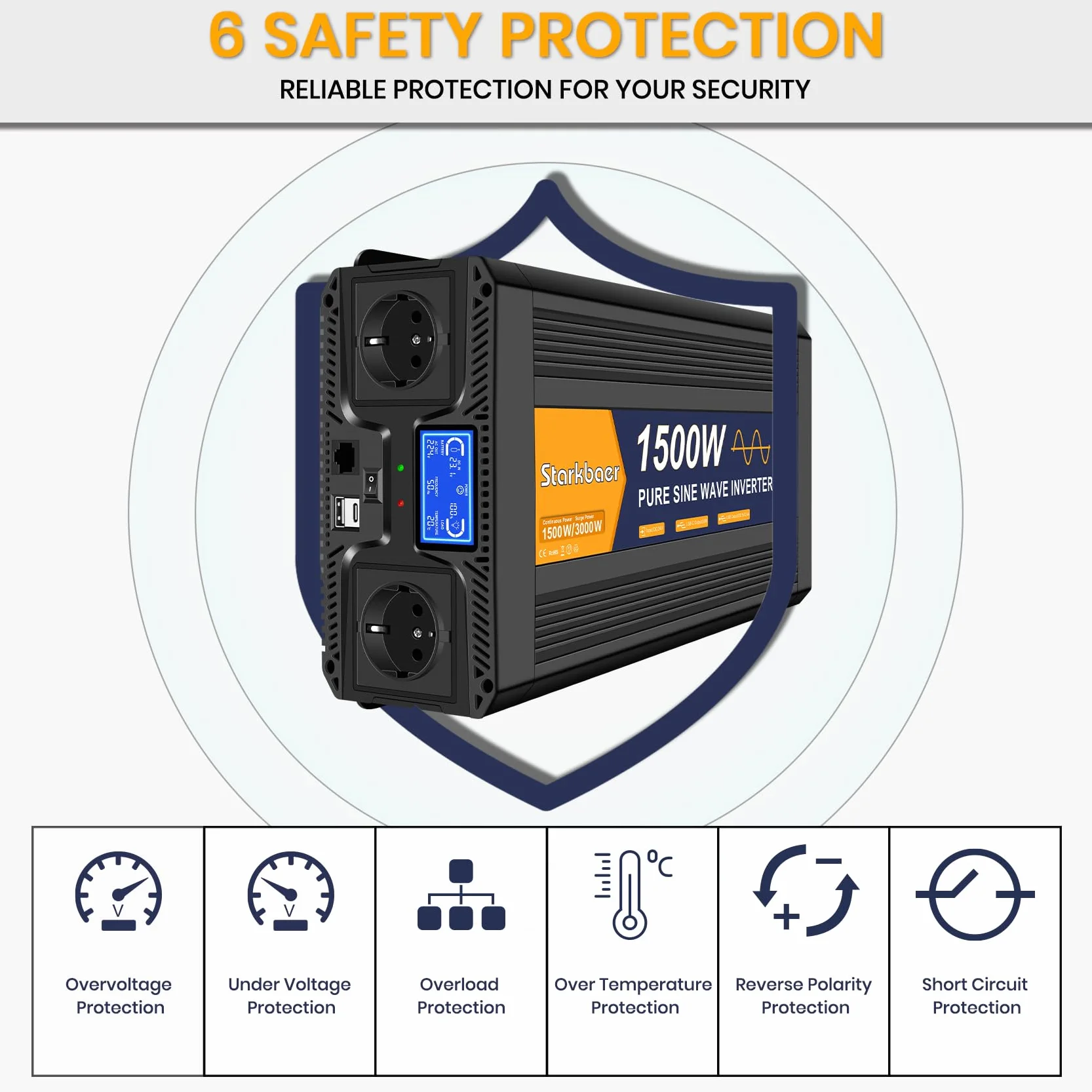 1500W/3000W inversor 24V 220V Onda Pura, Transformador 220v a 24v, convertidor para Coche, con Pantalla LCD, Mando, Enchufe CA y USB-C. Ideal para autocaravanas, Coches, Solar, Camping y apagones