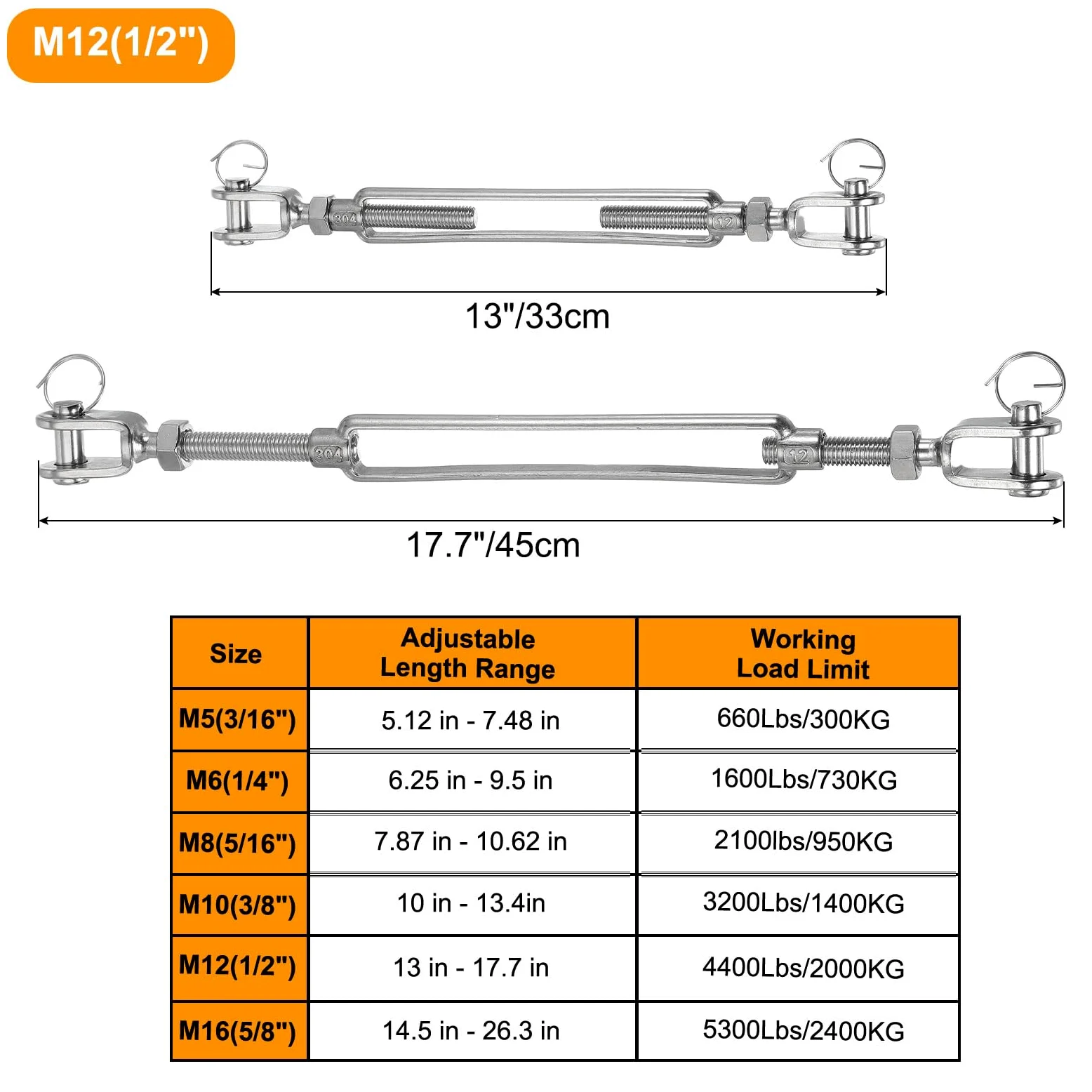 sourcing map 4 tensores M12 (1/2 pulgada) de mandíbula y mandíbula tensores de cuerda de alambre, tensor de cable ajustable de acero inoxidable 304 para vela de sombra, tendedero, límite de carga de